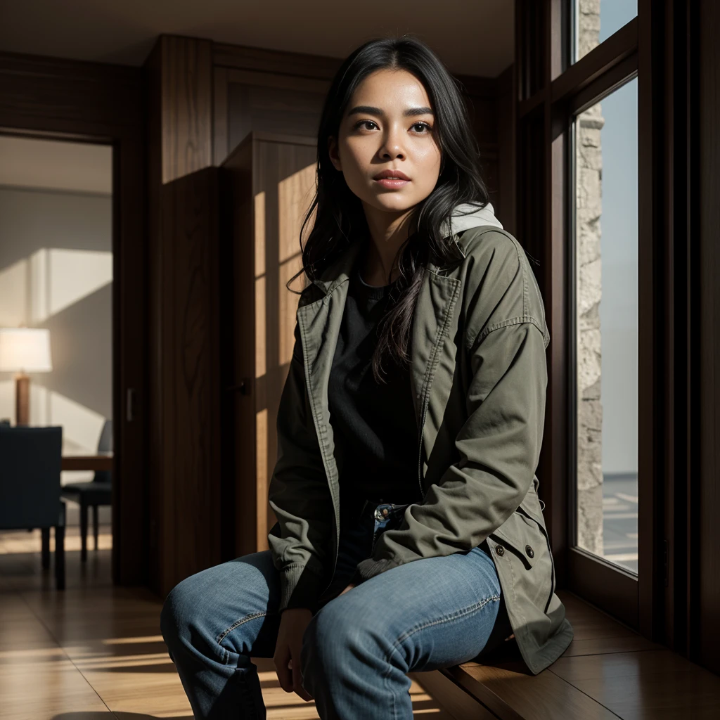 [((suspense scene ((CONCEPT ART)), extremely detailed with a woman wearing blue jeans, and brown coat and boots)), (better lighting, better shadow, an extremely delicate and scary), (digital illustration), ((4k painting)), [(dynamic angle,((1girl)),white hair, (beautiful face, perfect face, scared,) expression of fear, torn clothes, a gun in hand, sitting on the floor, darkness, scary house),  [:(dark, mysterious, game paint, sinister setting, jagged corridors, big house, deadly silence):]], Masterpiece, high quality, 8k quality, the best photo, (Super detailed, ultra high resolution, detailed background)), (((masterpiece:1.4, Best Quality:1.4, 8K,))), ultra high res, Physically Based Rendering, ((Best Quality)), ((Masterpiece)), (Very Detailed:1.3), 3D, Accurate simulation of light-material interactions, perfect proportions, octane rendering, duotone lighting, low ISO, white balance, rule of thirds, wide aperture, 8K RAW, efficient sub-pixels, subpixel convolution, luminescent particles, light scattering, Tyndall effect, HDR (High Dynamic Range), ray tracing, NVIDIA RTX, super resolution, unreal 5, subsurface scattering, PBR texture, post-processing, anisotropic filtering, depth of field, maximum sharpness and sharpness, multi-layer texture, albedo and highlight maps, surface shading, (Masterpiece:1.4), (high quality:1.2), (best quality:1.2), volumetrics dtx, (film grain, blurry background, depth of field, motion blur