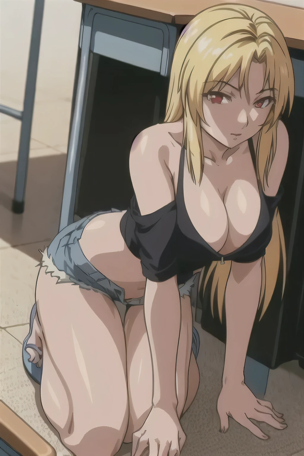 masterpiece, best quality, highres, 1girl kaori saeki, micro denim shorts, black off shoulder crop top , classroom, full body shot, (smug:0.3), looking at viewer, focus solo, sexy pose, mature, flip flops, detailed feet, busty, cleavage, blonde, long hair, red eyes, dangling shoe, kneeling, seducing,