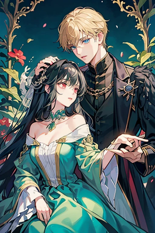 (masterpiece, a Couple, high quality, 最high quality) The royal Couple during the dance, He is the perfect blonde, The blue-eyed nobleman、His bright features gave him the impression of being untouchable.。.Girl with long black hair, Red eyes. Very close to each other. A girl in a beautiful dark green dress, Beautiful appearance, Very close to the guy, Excited hugs, moonlight, Beautiful Faces, desire, novel, Couple, grace. the cover of a novel for adults, good quality, Sensual pose, Greedy Looks. The color of kings,Beautiful androgynous prince, Knight and Princess, A delicate androgynous prince, Romanticism artistic style, anime key visual of elegant, Royal portraits, Girl with long black hair, Resin colored hair, Red eyes, Fair skin, Light Green Dress. background: Royal Gardens at night. moonlight. Girl black hair Red eyes, man blond blue eyes