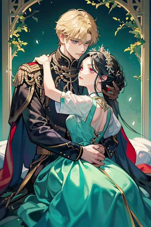 (masterpiece, a Couple, high quality, 最high quality) The royal Couple during the dance, He is the perfect blonde, The blue-eyed nobleman、His bright features gave him the impression of being untouchable.。.Girl with long black hair, Red eyes. Very close to each other. A girl in a beautiful dark green dress, Beautiful appearance, Very close to the guy, Excited hugs, moonlight, Beautiful Faces, desire, novel, Couple, grace. the cover of a novel for adults, good quality, Sensual pose, Greedy Looks. The color of kings,Beautiful androgynous prince, Knight and Princess, A delicate androgynous prince, Romanticism artistic style, anime key visual of elegant, Royal portraits, Girl with long black hair, Resin colored hair, Red eyes, Fair skin, Light Green Dress. background: Royal Gardens at night. moonlight. Girl black hair Red eyes, man blond blue eyes