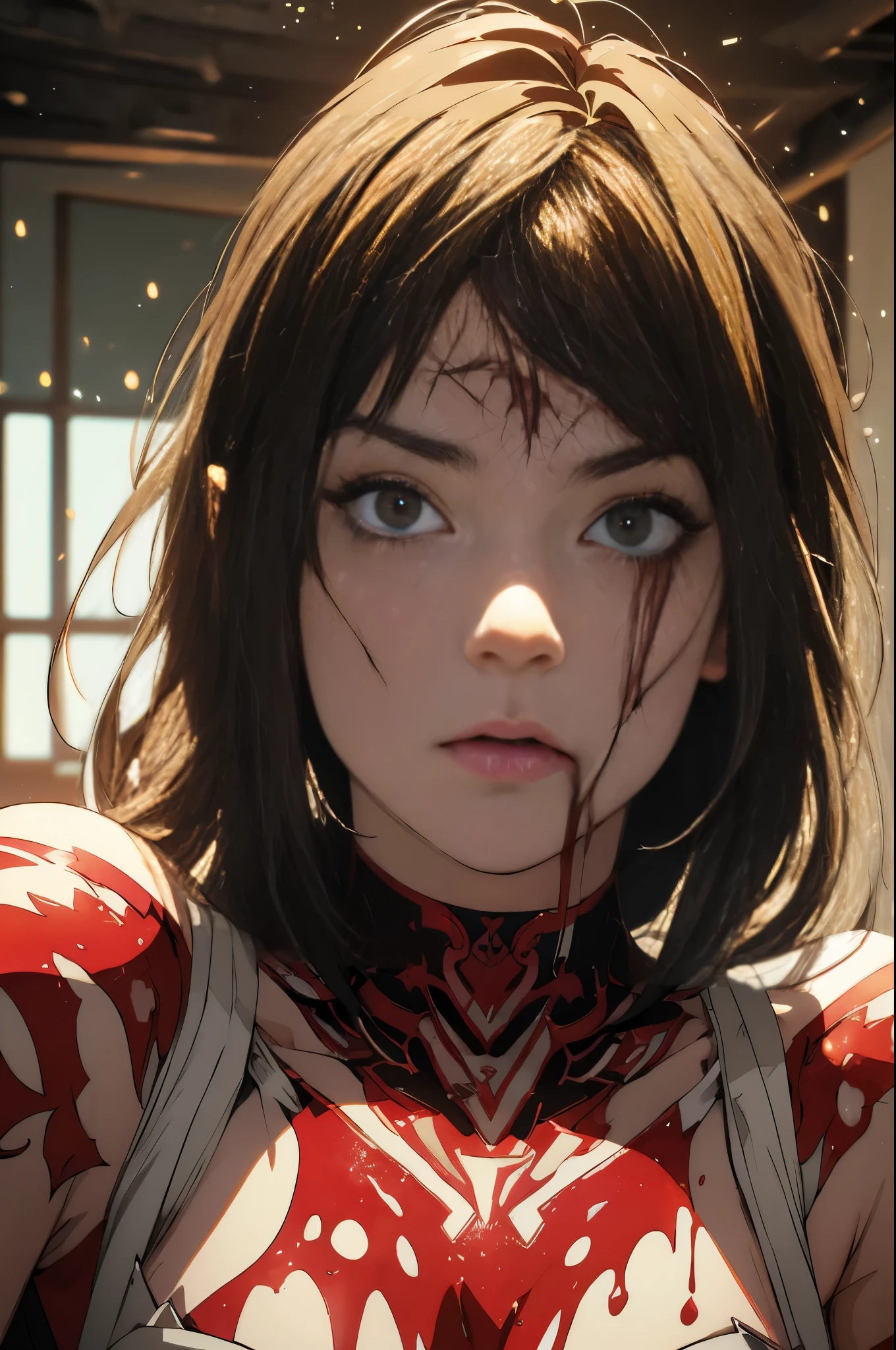 [[Portrait, sex-addicted Cannibal Tribe woman, darting tongue,(many red tribal tattoo:1.2), (blood dripping on white face:1.2), (bloody face:1.3), bizarre expression]], Masterpiece, high quality, 8k quality, the best photo, (Super detailed, ultra high resolution, detailed background)), (((masterpiece:1.4, Best Quality:1.4, 8K,))), ultra high res, Physically Based Rendering, ((Best Quality)), ((Masterpiece)), (Very Detailed:1.3), 3D, Accurate simulation of light-material interactions, perfect proportions, octane rendering, duotone lighting, low ISO, white balance, rule of thirds, wide aperture, 8K RAW, efficient sub-pixels, subpixel convolution, luminescent particles, light scattering, Tyndall effect, HDR (High Dynamic Range), ray tracing, NVIDIA RTX, super resolution, unreal 5, subsurface scattering, PBR texture, post-processing, anisotropic filtering, depth of field, maximum sharpness and sharpness, multi-layer texture, albedo and highlight maps, surface shading, (Masterpiece:1.4), (high quality:1.2), (best quality:1.2), volumetrics dtx, (film grain, blurry background, depth of field, motion blur
