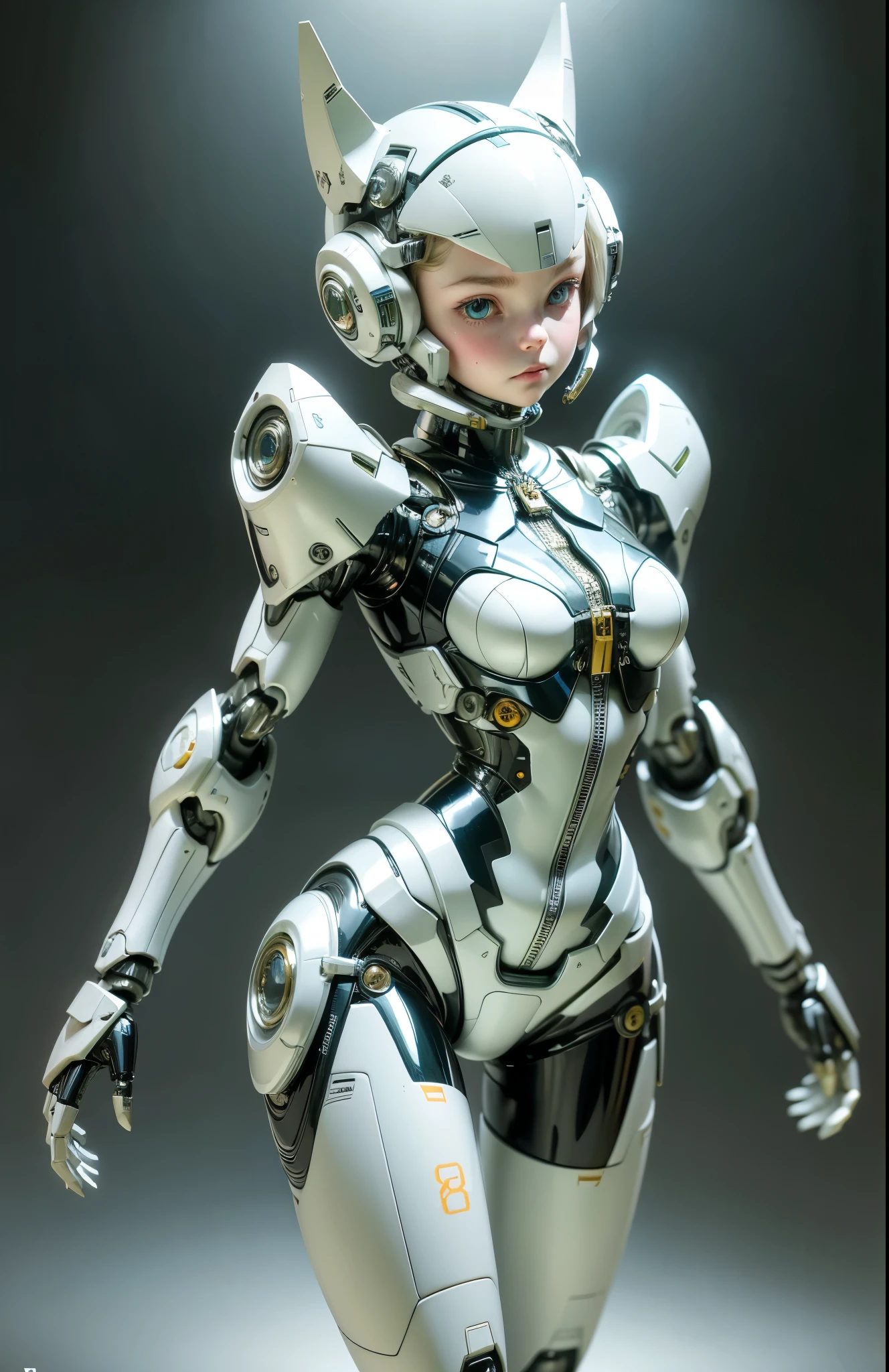 Very cute human 8 year old girl face, doll-like body with robot arm, robot waist and legs, very cute and feminine, short, , small, full hip, medium bust, tight-fitting white armor, cleavage, flat belly visible, helmet with antenna, robot joint, very stylish, Black rubber bodysuit with zipper