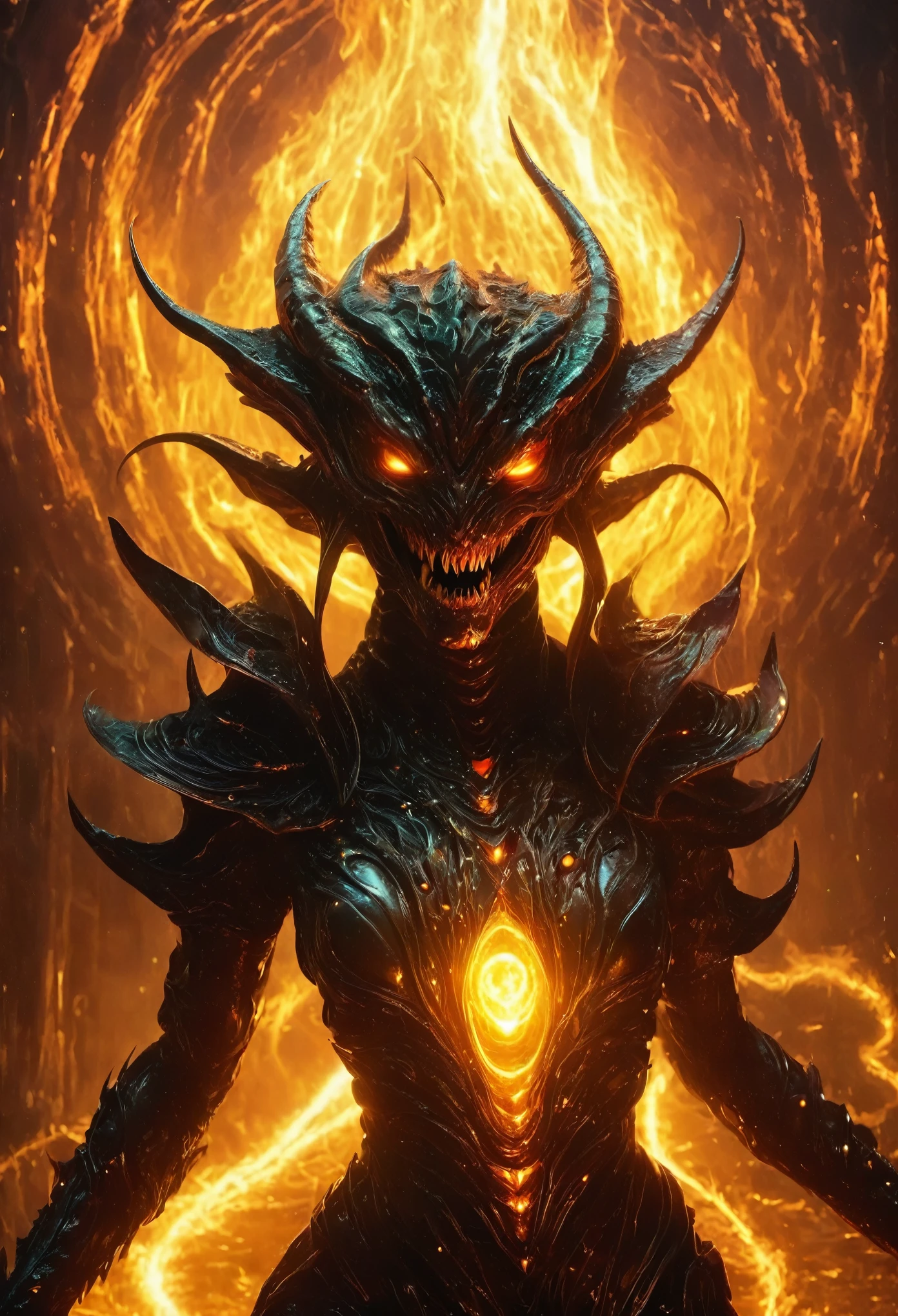 (best quality,highres,ultra-detailed:1.2),terrifying female alien,otherworldly portrait,nightmarish beauty,horrifying gaze,extraterrestrial creature,sharp teeth,glowing eyes,sinister smile,serpentine body,deadly claws,dark atmosphere,alien landscape,ominous lighting,vivid colors,horror,sci-fi,cosmic horror, (NSFW:1.5), four eyes, pink aura, gem stones