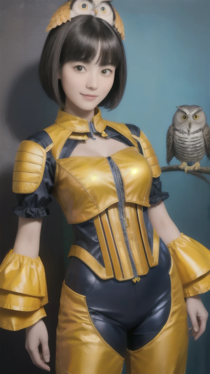 224 Short Hair, 20-year-old woman, A kind smile, (There are brightly colored owls), (Rembrandt-style painting), ((Mechanical Suit,Clothes with short sleeves)),I can see your abs