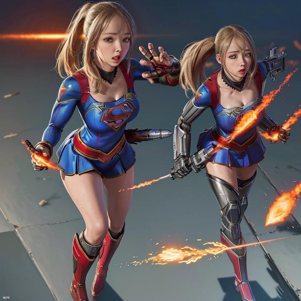 (Show all of Super Girl, head to toe, full body portrait) (best quality,4k,highres,masterpiece:1.2),ultra-detailed,realistic,portraits,vivid colors,dramatic lighting,Supergirl,annoyed,tattered uniform (scorched, many holes) ,ragged uniform,smoking crater,offended,shocked, (Subject 2: attacking alien robot gorilla, rocket launcher) Please make sure your output is separated by commas.","Separated。The following is an example for reference: ``` (best quality,4k,highres,masterpiece:1.2),ultra-detailed,realistic,portraits,vivid colors,dramatic lighting,Supergirl,annoyed,tattered uniform,ragged uniform,smoking crater,offended,shocked, (subject 2: attacking alien robot gorilla, rocket launcher) (scene takes place in Tokyo, many wounded and dead civilians)