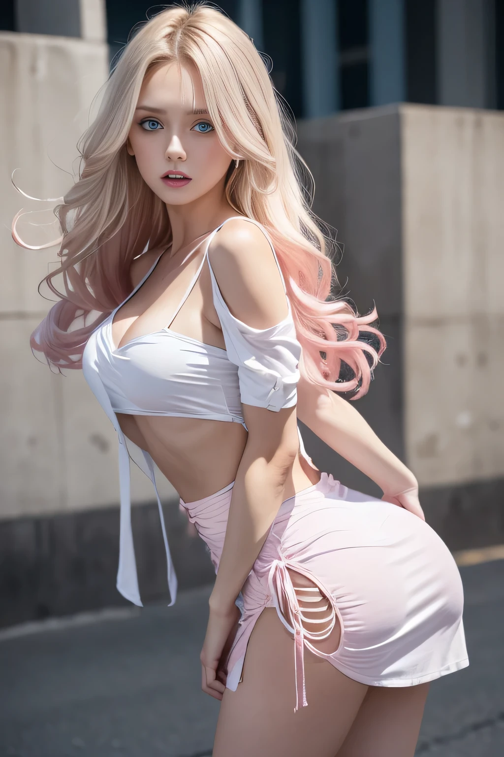 Aggressive thief and her,Mini white dress in the wind,40,000, photography, masterpiece, best quality, Dark gray background, behind, SFW, (1girl blue eyes and blond hair curled quickly), Ass until waiting to be worn, (Open half shirt_Full set of clothing: 1.3), (pink Full set of clothing: 1.3).