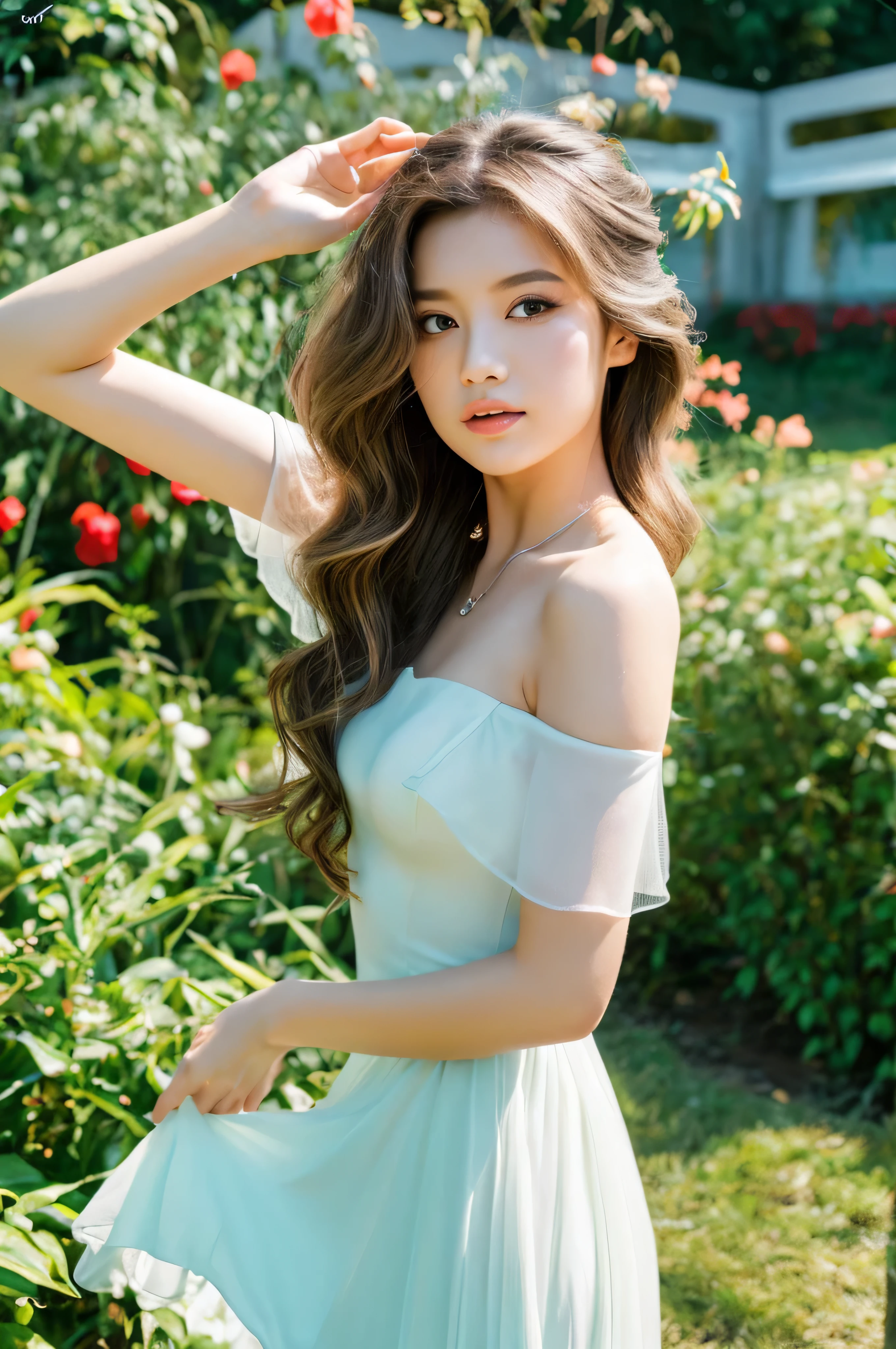 longeyelashes, messy hair, wavy hair, floating hair, hair spread out, hollow eyes, light blush, long hair, petals blowing in the wind, a lot of plants, flower garden, realistic, half body shot, hair blowing in the wind, big hair, expressive hair, single sidelock, White skin, Asian Woman, dark brown hair, wide flower field, hair is shiny, skirt blowing in the wind, looking straight ahead, grassland, clear sky, sparkly dress, hair behind back, White translucent shiny fairy wings, Off-shoulder sparkly white dress, anaglyph, stereogram, atmospheric perspective, first-person view, three sided view, Wide-Angle, f/16, wide shot, backlight, 8k, super detail, ccurate, best quality, UHD, anatomically correct, high details, high quality, highres