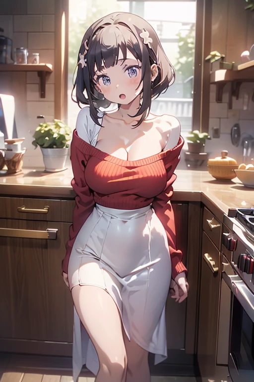 masterpiece, yor, 1girl, Amazing Cleavage:1.3, thin waist, big ass, Raised sexy, medium breast: 1.8 posed cleavage:1.2、solo, looking at viewer, open mouth, have a cup of coffee,black hair, red eyes, dress, bare shoulders, jewelry, collarbone, sidelocks, hairband, earrings, indoors, off shoulder, :o, sweater, arms behind back, plant, short hair with long locks, white hairband, off-shoulder dress, sweater dress, off-shoulder sweater, red sweater, big side hair, very long side hair,is rendered in (masterpiece: 1.2, best quality), with (ultra high resolution) and an exquisite (depth of field). This masterpiece is not only visually stunning but also tells, make of cake cooking ,in the kitchen
