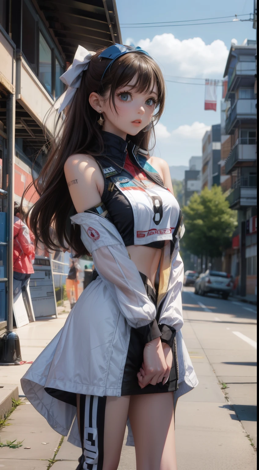 A woman in a short skirt and top posing on a street - SeaArt AI
