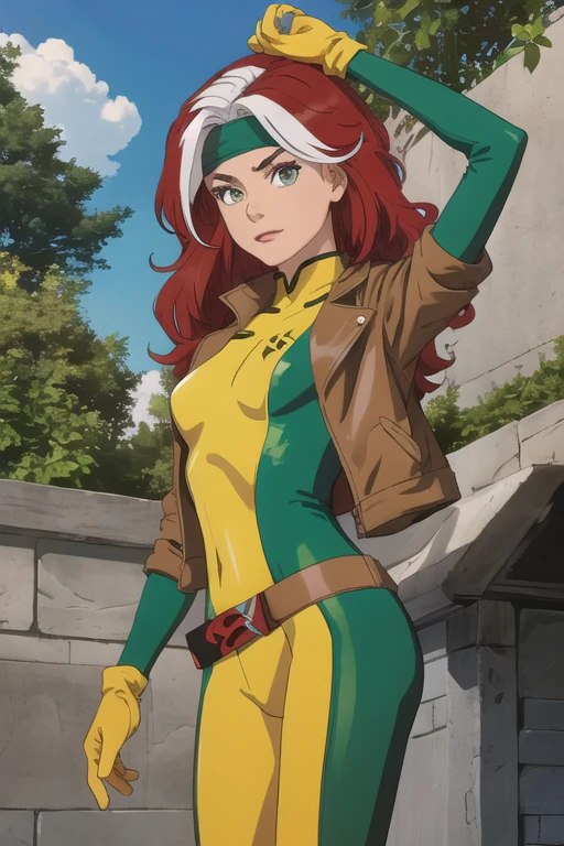 clsscrgedsk, 1 girl, long hair, 1 boy, jacket, White hair, Red hair, multicoloRed hair, belt, two tone hair, bodysuit, draw up, headband, a parody, pomade, sleeves rolled up, Dyed bangs, multicolored bodysuit, green bodysuit, yellow bodysuit, masterpiece, Best quality , official art , 