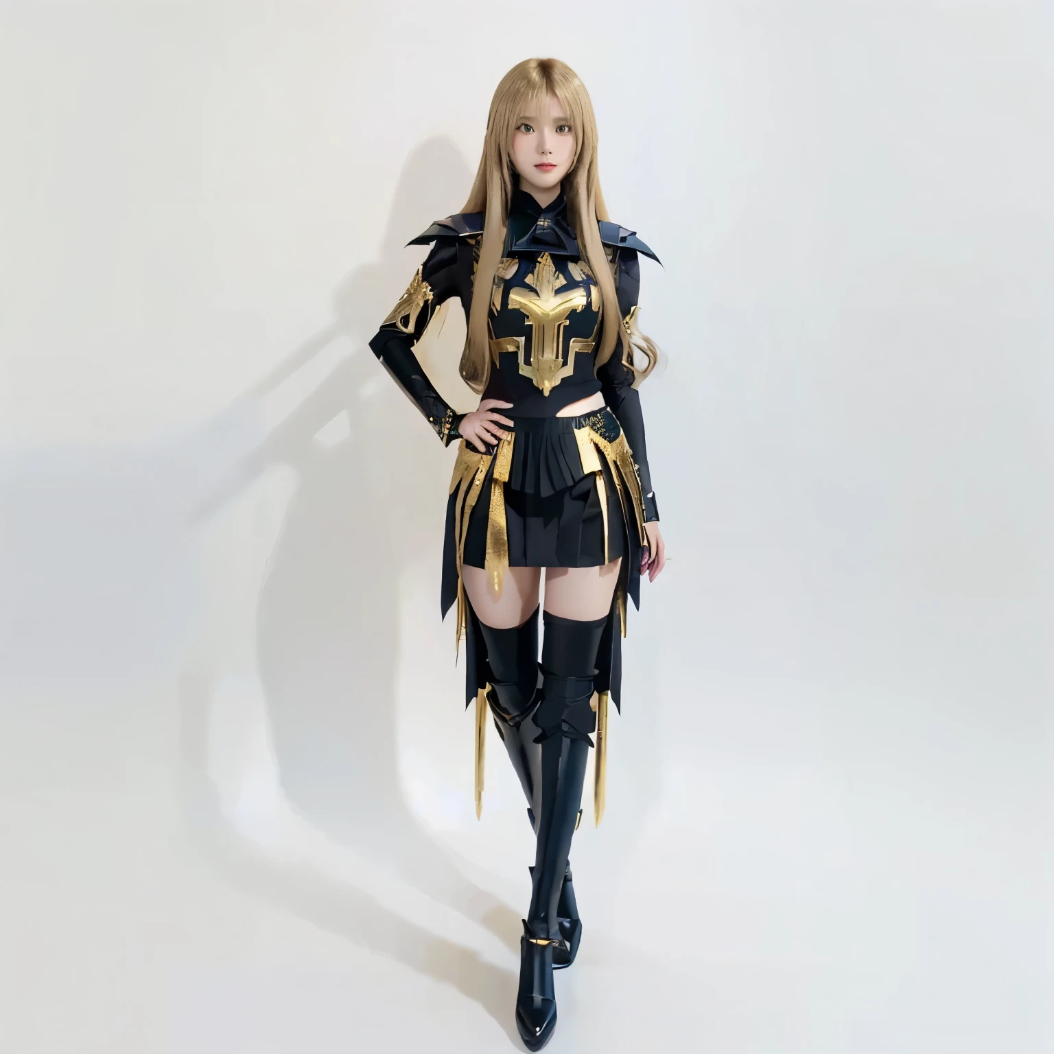 A woman wearing black and gold standing with her hands on her hips, blonde Long Hair Anime Girl, Golden black uniform, Female Anime Characters, Official character art, Long Hair Anime Girl, SAO-style anime, Inspired by Le Chevalier, Best Anime Character Design, Black and gold armor, Female Action Anime Girl, Black and gold armor, Girl in Armor