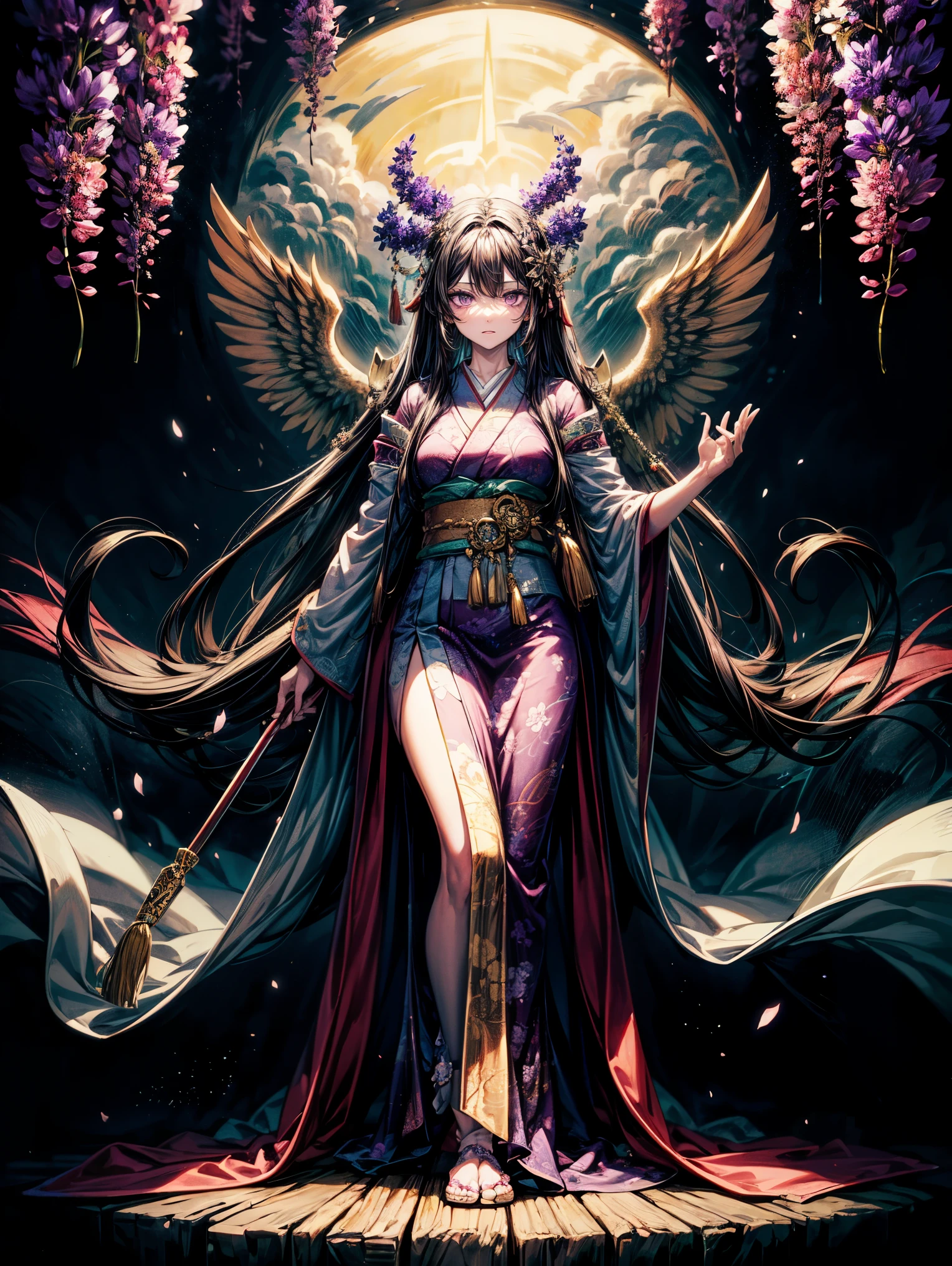 masterpiece,highest quality,Ultra high definition,Izanami,Mythical atmosphere, Long flowing black hair, ((purple eyes)), Traditional divine robe, Mysterious aura, Wisteria ornamentation, Sea of clouds in background, Ancient Japanese god-like appearance, Graceful standing posture, Silent expression, Accessories with sacred power, Mythological background,purple eyes