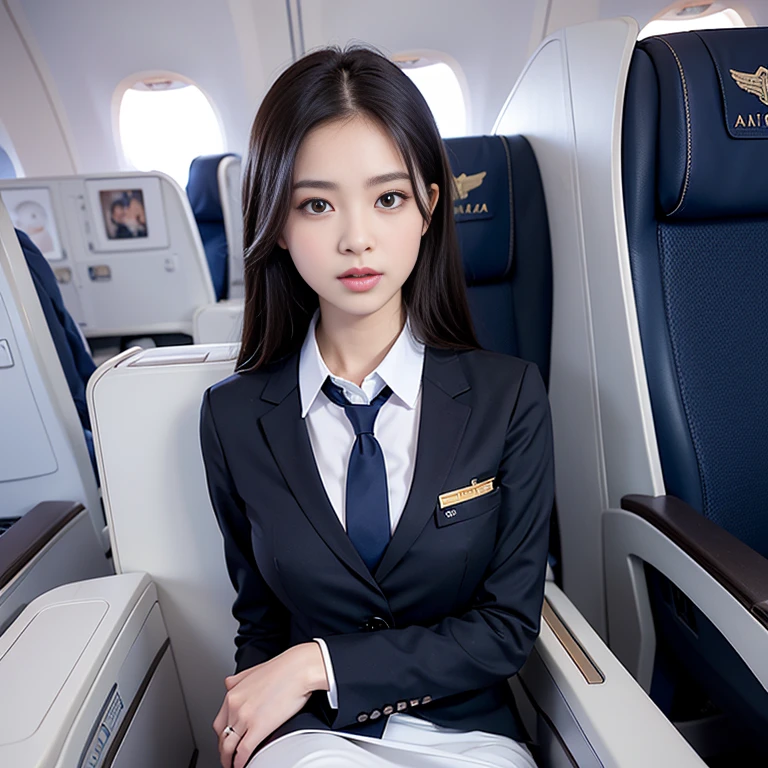 Top Quality, Masterpiece, 8K, Ultra High Definition, (Photorealistic: 1.4), 1 Girl, Beautiful Face, Symmetrical Eyes, Big, Perfect Body Proportions, Stewardess Uniform, Viewer's Look, (Inside the Airplane: 1.2), Front View, Shoulder Jump, Absolute Area (1.3),