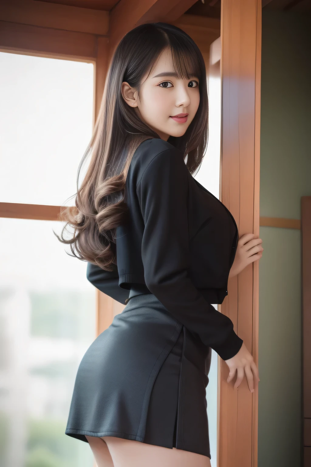 ulzzang -6500-v1.1, (Raw photo:1.2), (Photorealsitic), a beautiful detailed girl, (cowboy  shot)、extremely detailed eye and face, beatiful detailed eyes, huge filesize, hight resolution, ighly detailed, top-quality, [​masterpiece:1.6], illustratio, ighly detailed, nffsw, finely detail, top-quality, 8k wallpaper, Cinematographic lighting, 1girl in, , ((Hourglass-shaped body shape)), (Abundant hips)、(Colossal 、heavy breasts、J-Cup:1.2)、Cute drooping eyes、Beautiful big eyes、Light in the eyes、Smiling、(Long straight hair、One-length hair)、hi-school girl、(Black business short jacket and tight skirt:1.3)、s Office、dynamicposes