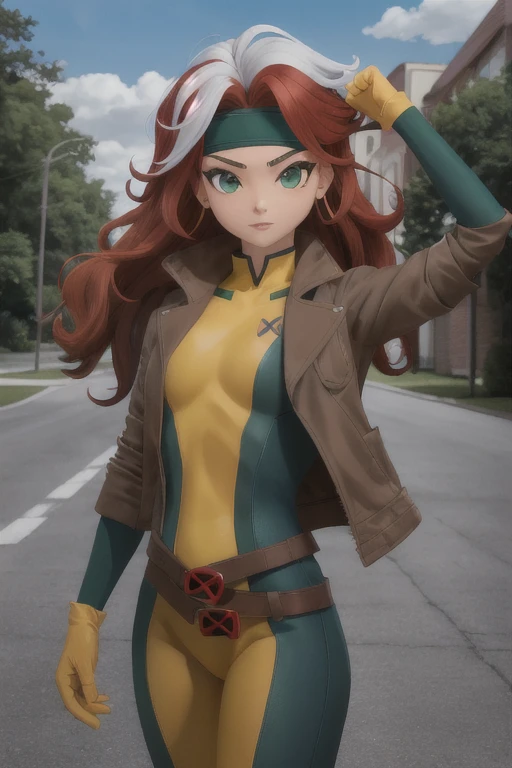 clsscrgedsk, 1 girl, long hair, 1 boy, jacket, White hair, Red hair, multicoloRed hair, belt, two tone hair, bodysuit, draw up, headband, a parody, pomade, sleeves rolled up, Dyed bangs, multicolored bodysuit, green bodysuit, yellow bodysuit, masterpiece, Best quality , official art , 