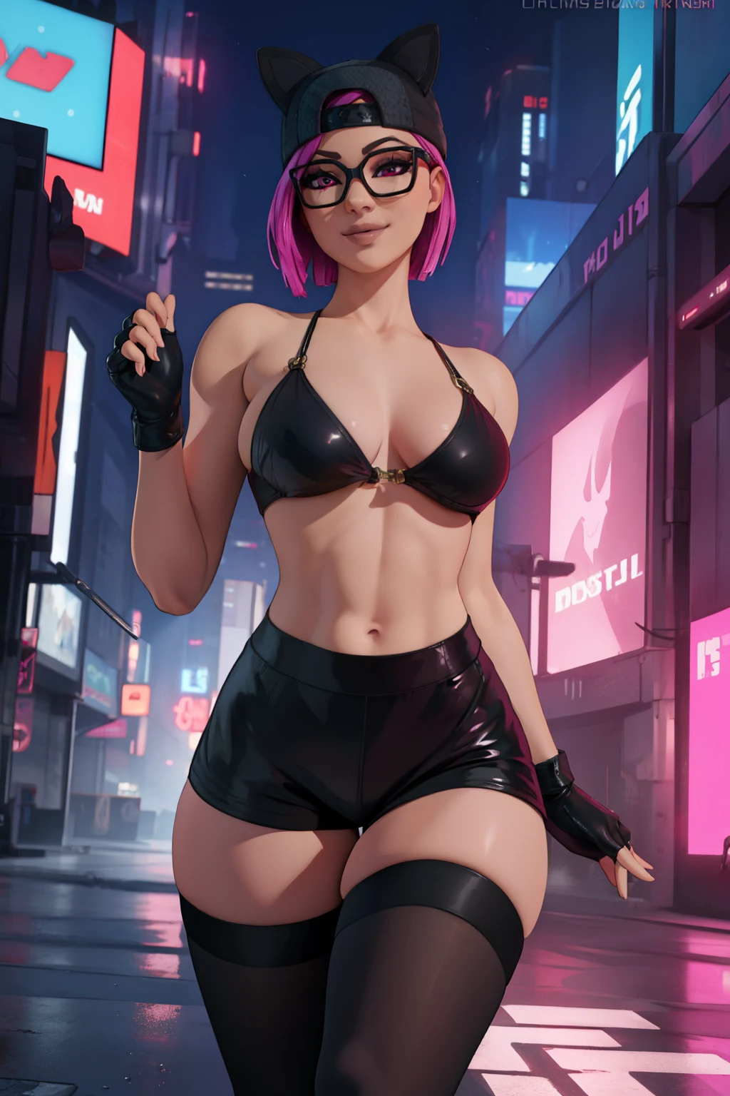 (masterpiece), (best quality), (solo), looking the viewer, cyberpunk, high detailed,extremely detailed,shorts with black stockings,pink bikini, leggings latex fine eyes, smile,dynamic pose, short pink hair,cap,fingerless glove,glasses.