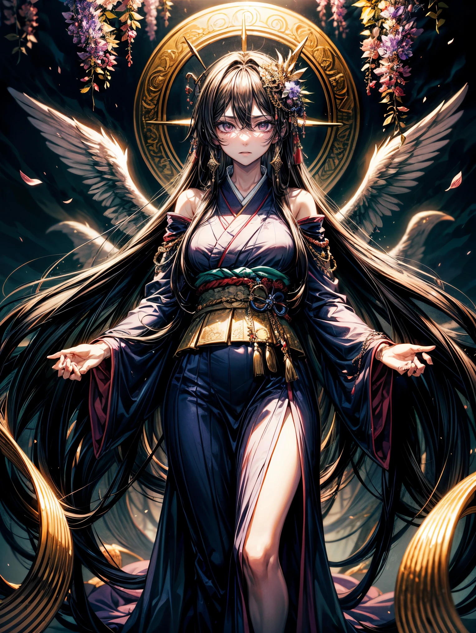 masterpiece,highest quality,Ultra high definition,Izanami,Mythical atmosphere, Long flowing black hair, ((purple eyes)), Traditional divine robe, Mysterious aura, Wisteria ornamentation, Sea of clouds in background, Ancient Japanese god-like appearance, Graceful standing posture, Silent expression, Accessories with sacred power, Mythological background,purple eyes
