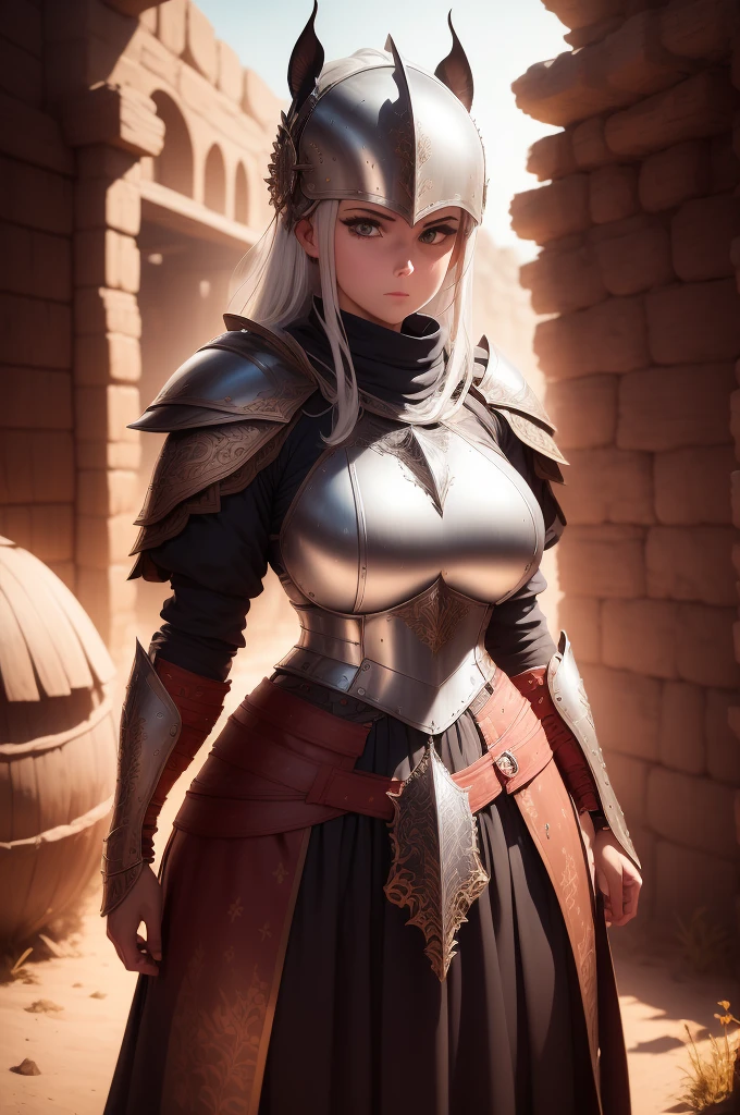 (a girl in armor leaning against a large sword stuck in the ground),illustration,detailed armor,beautiful detailed eyes,beautiful detailed lips,extremely detailed eyes and face,long eyelashes,confident expression,shiny metallic armor,ornate design on the armor,elaborate helmet with intricate details,fierce and determined look,leather straps and buckles holding the armor together,dusty battlefield background,soft sunlight illuminating the scene,sharp focus on the girl's face and armor,high-resolution image,historical fantasy style,dark color tones,striking contrast between the girl's armor and the surroundings,studio lighting to enhance the details and shadows,bokeh effect in the background to create depth and atmosphere.