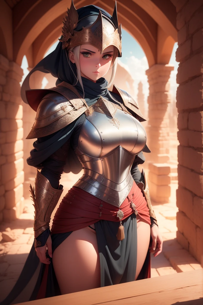 master piece, best quality, photorealistic, high resolution, 1 girl, close up portrait,

desert queen, black hijab, black niqab, black dress, intricate golden armor, intricate golden embroidery,

beautiful red eyes, ultra detailed armpit, steamy sweaty armpit, tanned, glossy skin

desert castle, back lighting, volumetric lighting,