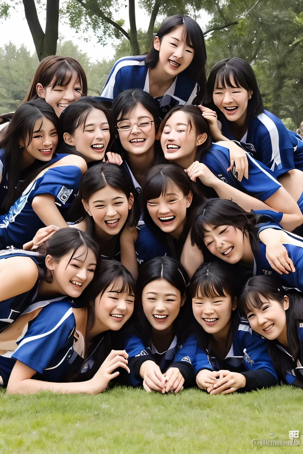 20 cute girls,whole bodies,pile on,pile up,human tower