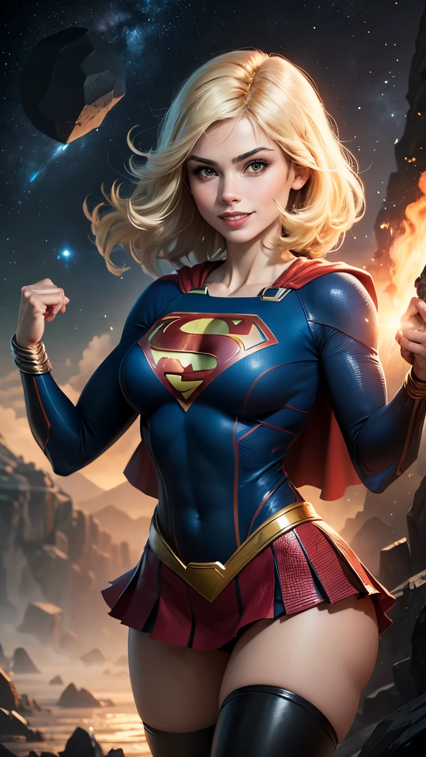 ((whole body view)), (SUPERGIRL is in outer space), (Lifting a large asteroid with your hands), (Complete DC Comics Superheroine), fora, highlights your muscles and scars. The scenery is lush and mysterious, com galaxias ao seu redor. The camera details everything. ((ela tem cabelo loiro, ela tem cabelo comprido)), (Ela tem um sorriso confiante, Pose heroica), ( His attitude is fearless), ( Ela tem uma personalidade arrogante).