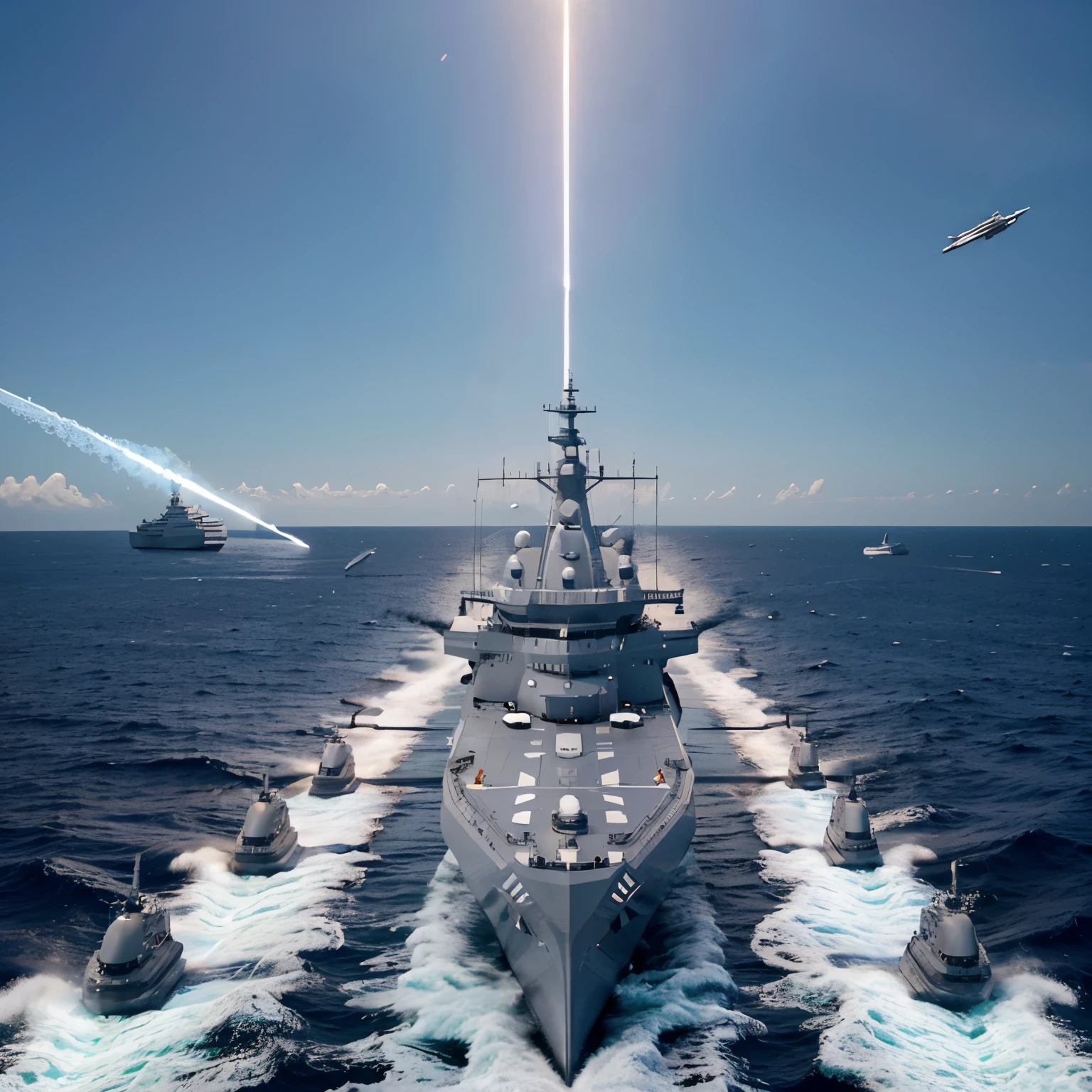"Create a vivid digital illustration capturing the imposing presence of a cutting-edge naval vessel equipped with state-of-the-art weaponry. Visualize a sleek, futuristic ship with a length of 963 feet, boasting a commanding profile against the backdrop of the open sea. Highlight its striking color scheme of light grey atop and light blue below, accentuating its modern design. Showcase the ship's formidable armament, including heavy-duty laser cannons, high-caliber electric rain guns, rapid magic cannons, and close combat anti-aircraft artillery, along with its complement of attack jets and surveillance planes. Depict the ship in action, with jets taking off and landing vertically, and the weaponry poised for defense and offense. Infuse the scene with dynamic energy and attention to detail, bringing to life the power and sophistication of this advanced naval vessel."