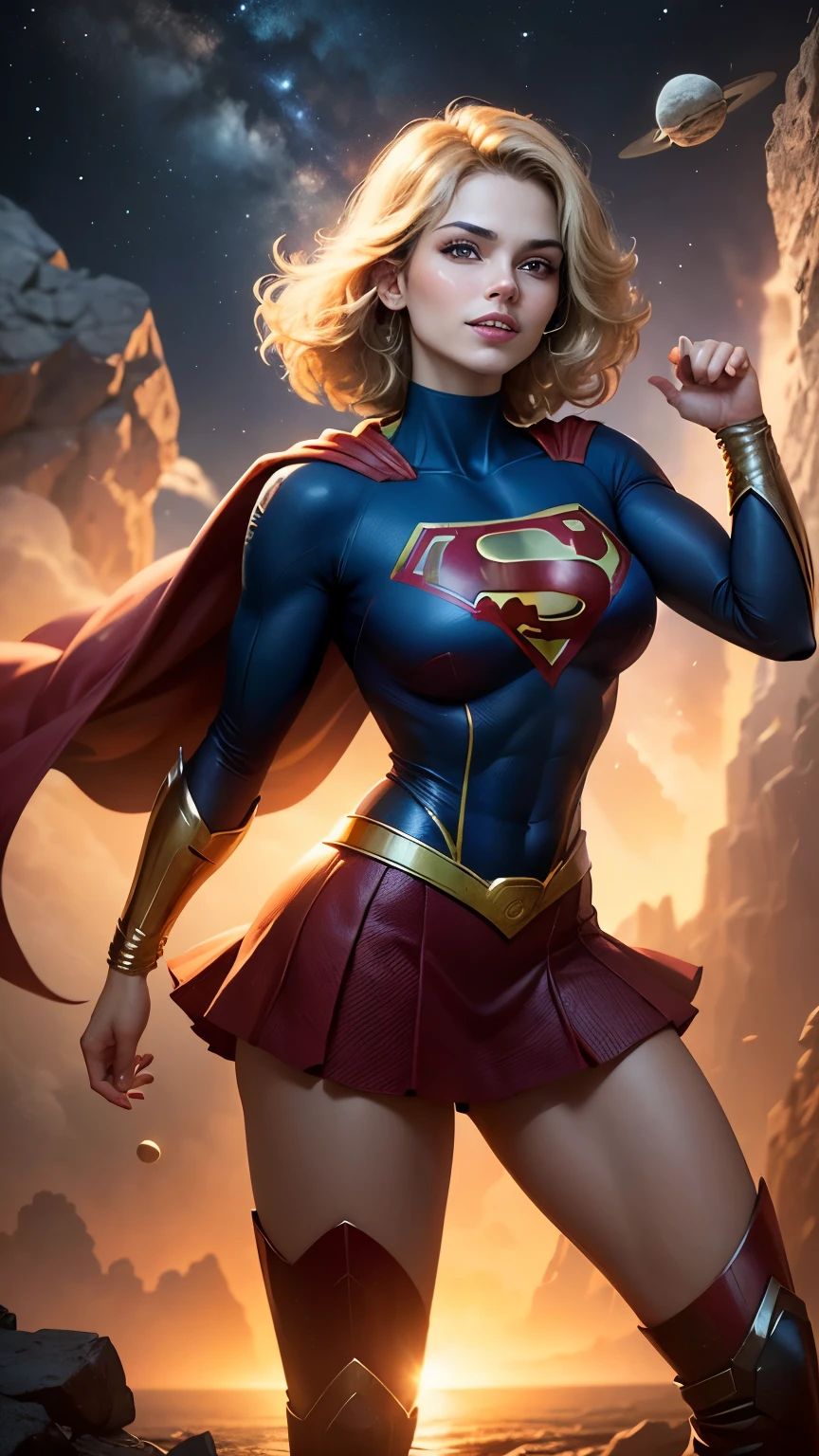 ((whole body view)), (SUPERGIRL is in outer space), (Lifting a large asteroid with your hands), (Complete DC Comics Superheroine), fora, highlights your muscles and scars. The scenery is lush and mysterious, com galaxias ao seu redor. The camera details everything. ((ela tem cabelo loiro, ela tem cabelo comprido)), (Ela tem um sorriso confiante, Pose heroica), ( His attitude is fearless), ( Ela tem uma personalidade arrogante).