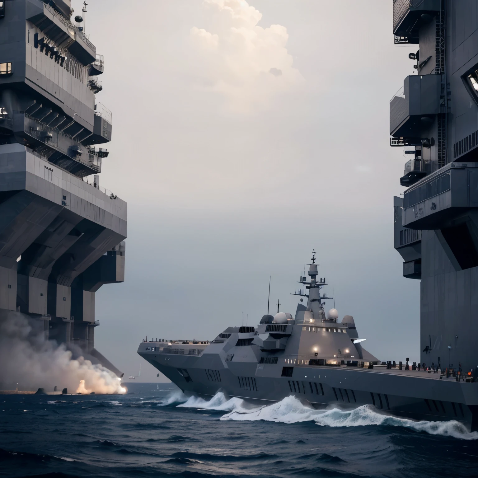 "Create a vivid digital illustration capturing the imposing presence of a cutting-edge naval vessel equipped with state-of-the-art weaponry. Visualize a sleek, futuristic ship with a length of 963 feet, boasting a commanding profile against the backdrop of the open sea. Highlight its striking color scheme of light grey atop and light blue below, accentuating its modern design. Showcase the ship's formidable armament, including heavy-duty laser cannons, high-caliber electric rain guns, rapid magic cannons, and close combat anti-aircraft artillery, along with its complement of attack jets and surveillance planes. Depict the ship in action, with jets taking off and landing vertically, and the weaponry poised for defense and offense. Infuse the scene with dynamic energy and attention to detail, bringing to life the power and sophistication of this advanced naval vessel."