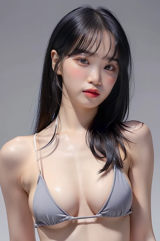 highest quality, masterpiece, Ultra-high resolution, (Realistic:1.4), RAW Photos, 19 years old, Simple gray background, ((Micro Bikini、Upper Body、Lean forward、Disheveled Hair)), Looking at the audience