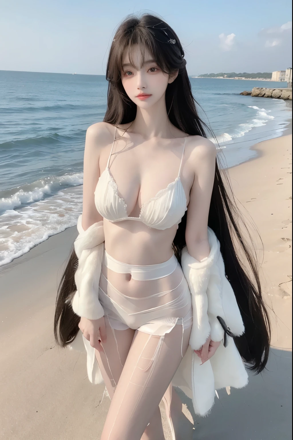 Beautiful woman with perfect body:1.4,Layered Hairstyle,Prominent cleavage,Highly detailed face and skin textures,Double eyelids,Skin Whitening,Long hair,Whitened long legs,(Snow white pantyhose,bra)Standing by the sea