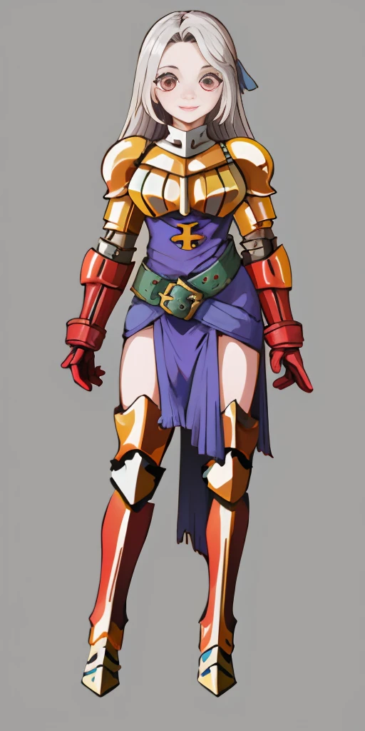 (masterpiece, best quality, 4k, 1girlsolo, 1MILF, mmplatz, smile, red cheeks, plain background:1.2) perfect face, perfect lighting, mature whsororitas with gloves red gauntlets in her hands like Cammy White from Street Fighter, bob white hair, warhammer 40k power armor suit with loincloth, red eyes like rubies, full body RED armor, view from below, looking to the viewer, arms to the sides empty hands, RED military boots, silver skull ornament attached to crossing 2 belt wide hips, 2 long legs, Female Knight (Final Fantasy Tactics)