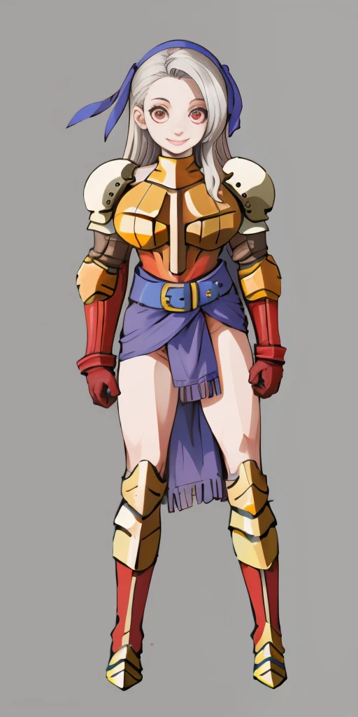 (masterpiece, best quality, 4k, 1girlsolo, 1MILF, mmplatz, smile, red cheeks, plain background:1.2) perfect face, perfect lighting, mature whsororitas with gloves red gauntlets in her hands like Cammy White from Street Fighter, bob white hair, warhammer 40k power armor suit with loincloth, red eyes like rubies, full body RED armor, view from below, looking to the viewer, arms to the sides empty hands, RED military boots, silver skull ornament attached to crossing 2 belt wide hips, 2 long legs, Female Knight (Final Fantasy Tactics)