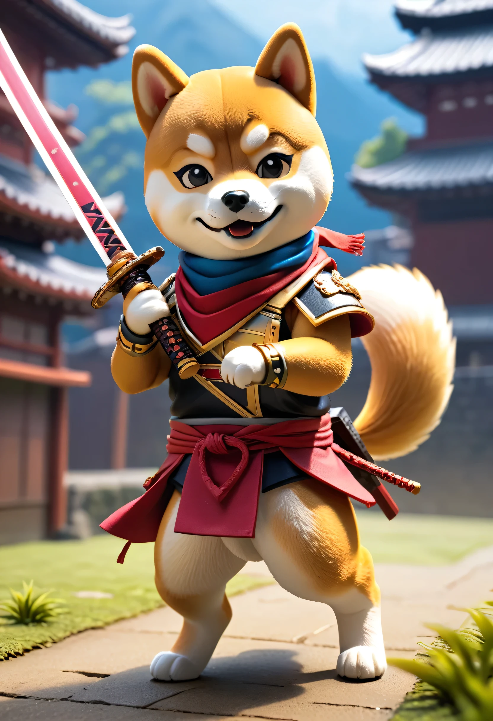 Esbian all over、Cool Shiba Inu、Pop Shiba Inu、Diorama、Simple Background、bandana、Holding a two-handed sword、Ronin、Best Quality, Capture the cutest moments, Depth of written boundary, Super detailed, Ultra-high resolution, Octadale, 8K, 16km race
