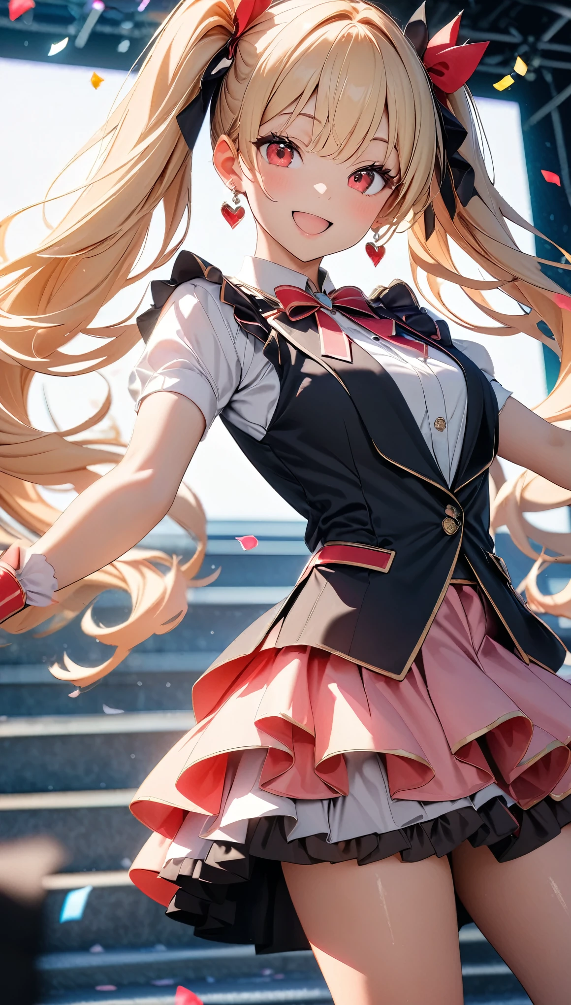 (8k, RAW Photos, 最high quality, masterpiece:1.2), High-quality RAW color photos, Professional photo shoot, Cinematic Light, alone, (((1 girl))), Blonde, Long Hair, Twin tails, Red eyes, jewelry, Earrings, Idol Costumes, Cute frills, pastel colour, Beautiful thighs, flare skirt, (smile:1.5), ((Open your mouth:1.2)), ((Random Action Pose:1.2, heartが弾ける)), (tits), Large amount of confetti, ((dance, Dutch Angle, heart:1.1)), Beautiful Skin, Shiny skin, Perfect Fingers, Five Fingers, Background blur, high quality, Surreal, Bright colors, ((Very detailed, photo shoot)),