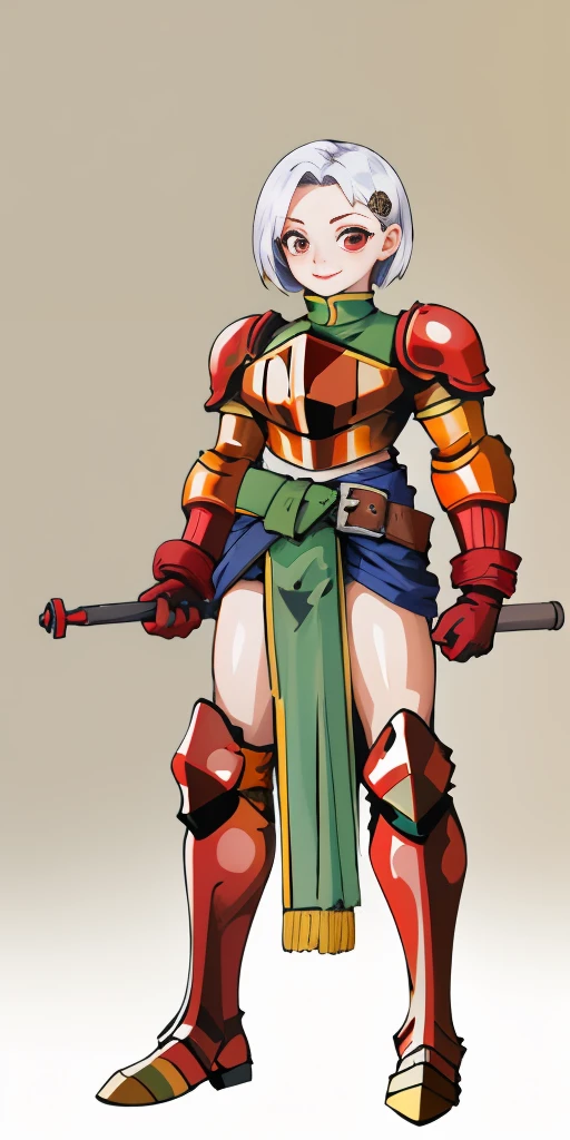 (masterpiece, best quality, 4k, 1girlsolo, 1MILF, mmplatz, smile, red cheeks, plain background:1.2) perfect face, perfect lighting, mature whsororitas with gloves red gauntlets in her hands like Cammy White from Street Fighter, bob white hair, warhammer 40k power armor suit with loincloth, red eyes like rubies, full body RED armor, view from below, looking to the viewer, arms to the sides empty hands, RED military boots, silver skull ornament attached to crossing 2 belt wide hips, 2 long legs, Female Knight (Final Fantasy Tactics)