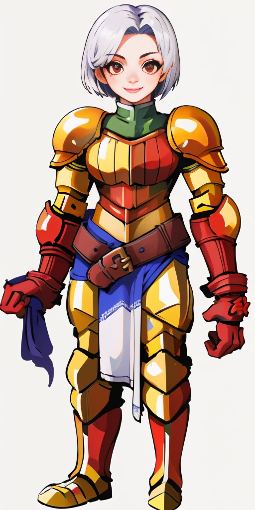 (masterpiece, best quality, 4k, 1girlsolo, 1MILF, mmplatz, smile, red cheeks, plain background:1.2) perfect face, perfect lighting, mature whsororitas with gloves red gauntlets in her hands like Cammy White from Street Fighter, bob white hair, warhammer 40k power armor suit with loincloth, red eyes like rubies, full body RED armor, view from below, looking to the viewer, arms to the sides empty hands, RED military boots, silver skull ornament attached to crossing 2 belt wide hips, 2 long legs, Female Knight (Final Fantasy Tactics)