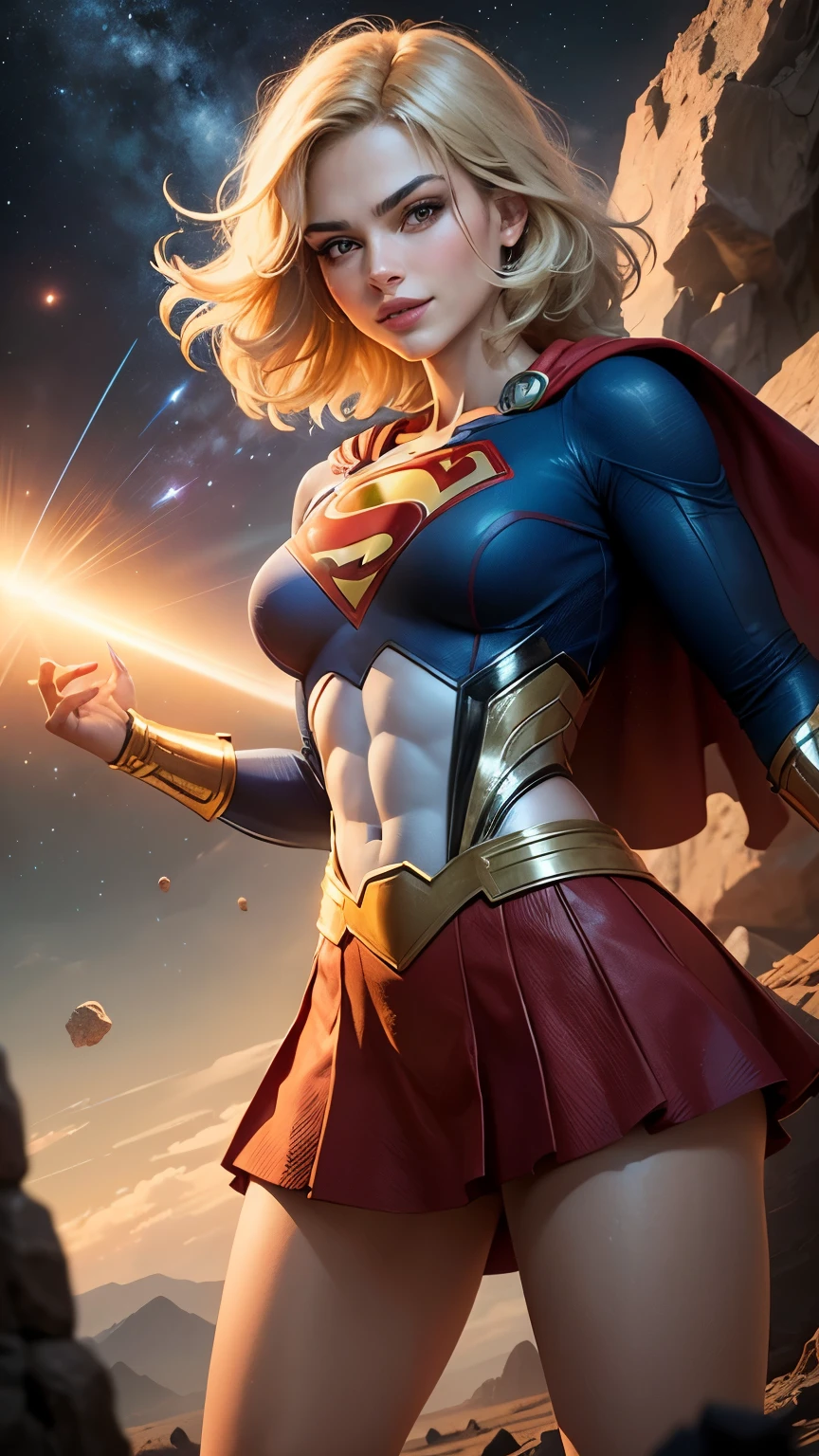 ((whole body view)), (SUPERGIRL is in outer space), (Lifting a large asteroid with your hands), (Complete DC Comics Superheroine), fora, highlights your muscles and scars. The scenery is lush and mysterious, com galaxias ao seu redor. The camera details everything. ((ela tem cabelo loiro, ela tem cabelo comprido)), (Ela tem um sorriso confiante, Pose heroica), ( His attitude is fearless), ( Ela tem uma personalidade arrogante).