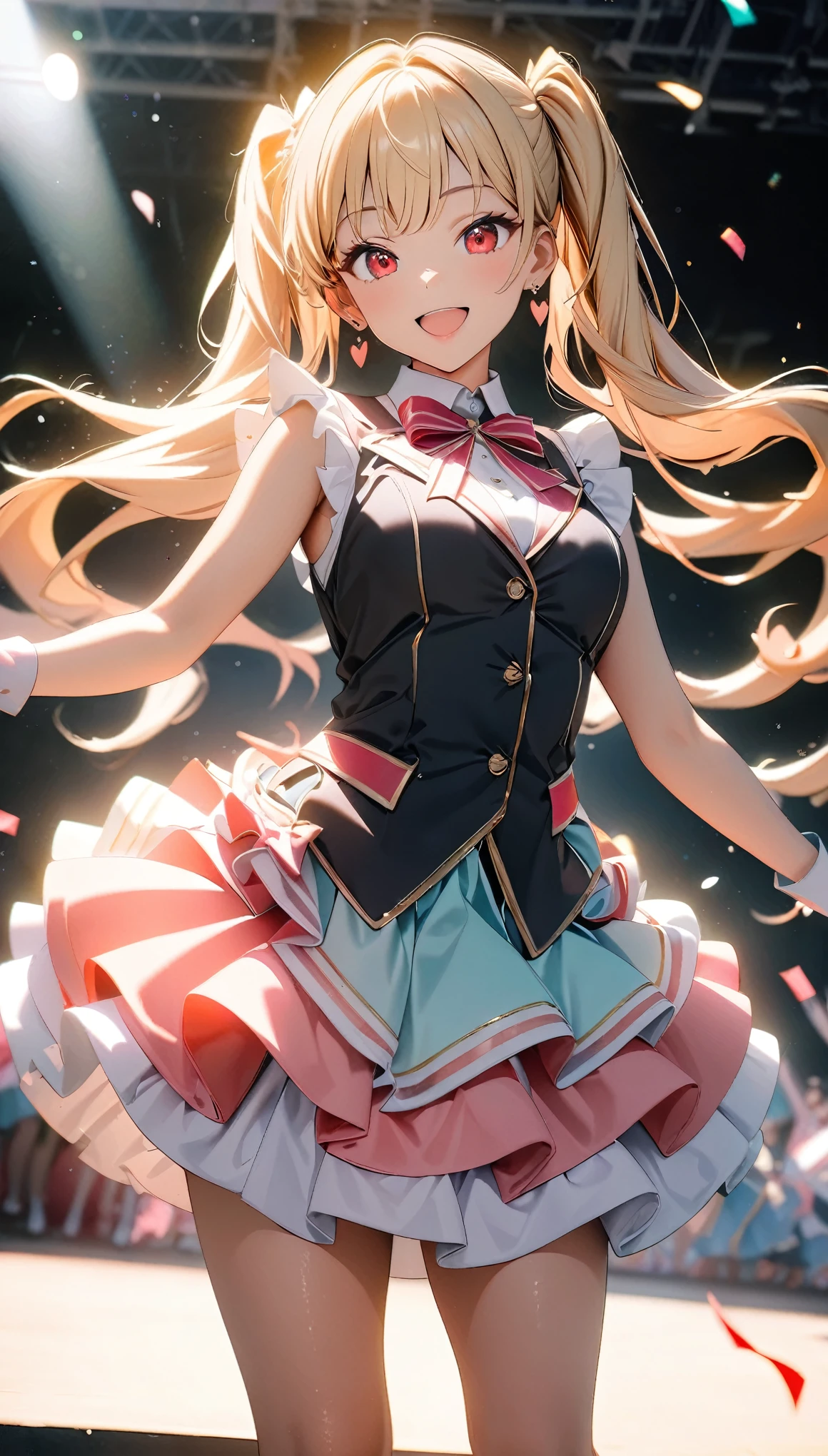 (8k, RAW Photos, 最high quality, masterpiece:1.2), High-quality RAW color photos, Professional photo shoot, Cinematic Light, alone, (((1 girl))), Blonde, Long Hair, Twin tails, Red eyes, jewelry, Earrings, Idol Costumes, Cute frills, pastel colour, Beautiful thighs, flare skirt, (smile:1.5), ((Open your mouth:1.2)), ((Random Action Pose:1.2, heartが弾ける)), (tits), Large amount of confetti, ((dance, Dutch Angle, heart:1.1)), Beautiful Skin, Shiny skin, Perfect Fingers, Five Fingers, Background blur, high quality, Surreal, Bright colors, ((Very detailed, photo shoot)),