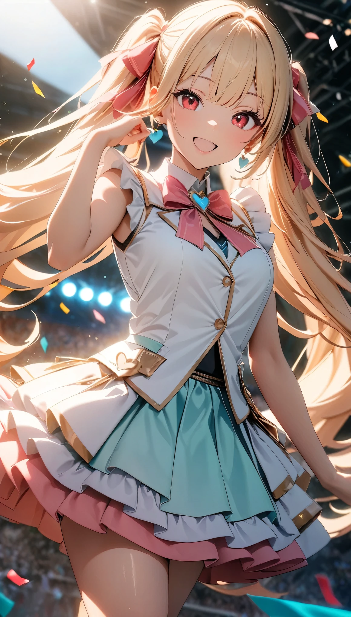 (8k, RAW Photos, 最high quality, masterpiece:1.2), High-quality RAW color photos, Professional photo shoot, Cinematic Light, alone, (((1 girl))), Blonde, Long Hair, Twin tails, Red eyes, jewelry, Earrings, Idol Costumes, Cute frills, pastel colour, Beautiful thighs, flare skirt, (smile:1.5), ((Open your mouth:1.2)), ((Random Action Pose:1.2, heartが弾ける)), (tits), Large amount of confetti, ((dance, Dutch Angle, heart:1.1)), Beautiful Skin, Shiny skin, Perfect Fingers, Five Fingers, Background blur, high quality, Surreal, Bright colors, ((Very detailed, photo shoot)),
