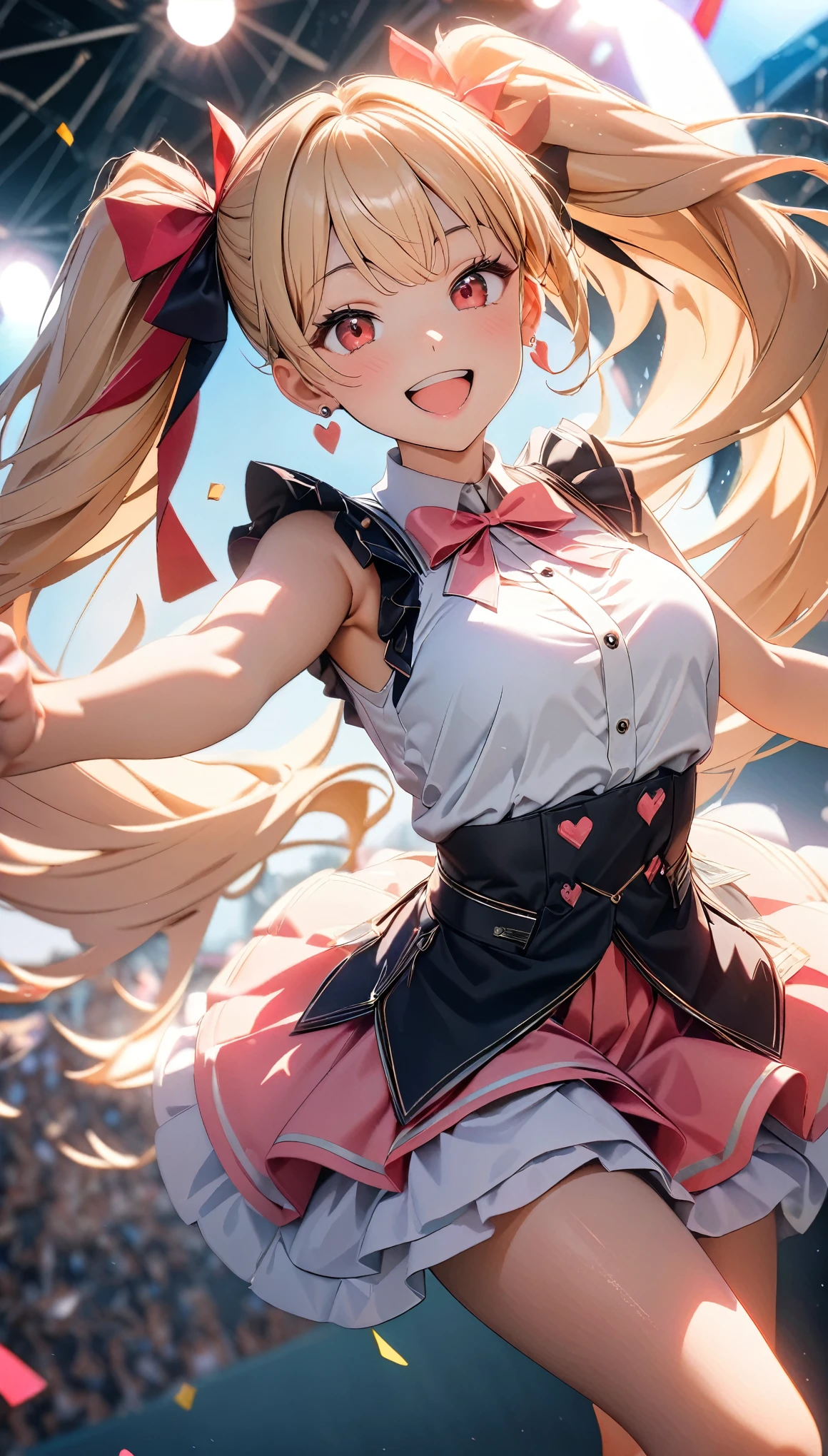 (8k, RAW Photos, 最high quality, masterpiece:1.2), High-quality RAW color photos, Professional photo shoot, Cinematic Light, alone, (((1 girl))), Blonde, Long Hair, Twin tails, Red eyes, jewelry, Earrings, Idol Costumes, Cute frills, pastel colour, Beautiful thighs, flare skirt, (smile:1.5), ((Open your mouth:1.2)), ((Random Action Pose:1.2, heartが弾ける)), (tits), Large amount of confetti, ((dance, Dutch Angle, heart:1.1)), Beautiful Skin, Shiny skin, Perfect Fingers, Five Fingers, Background blur, high quality, Surreal, Bright colors, ((Very detailed, photo shoot)),