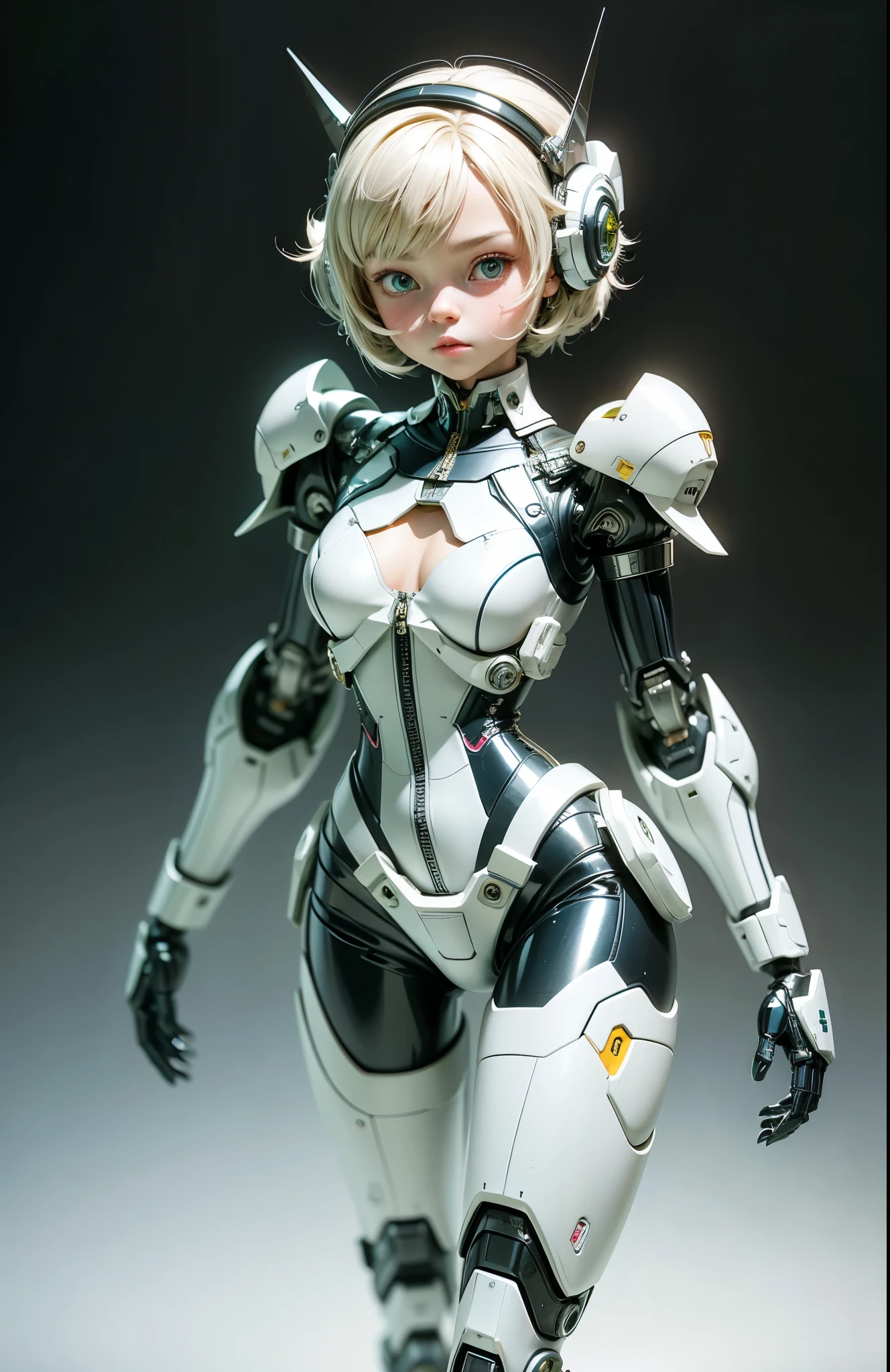 Very cute human 8  girl face, doll-like body with robot arm, robot waist and legs, very cute and feminine, short, , small, full hip, medium bust, tight-fitting white armor, cleavage, flat belly visible, helmet with antenna, robot joint, very stylish, Black rubber bodysuit with zipper
