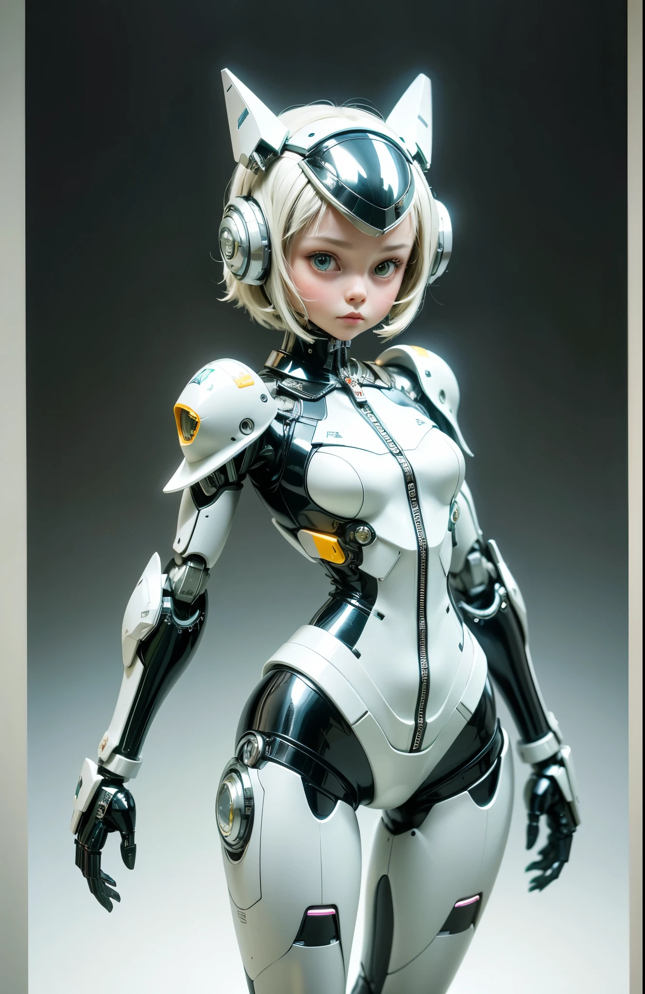Very cute human 8 girl face, doll-like body with robot arm, robot waist and legs, very cute and feminine, short, , small, full hip, medium bust, tight-fitting white armor, cleavage, flat belly visible, helmet with antenna, robot joint, very stylish, Black rubber bodysuit with zipper