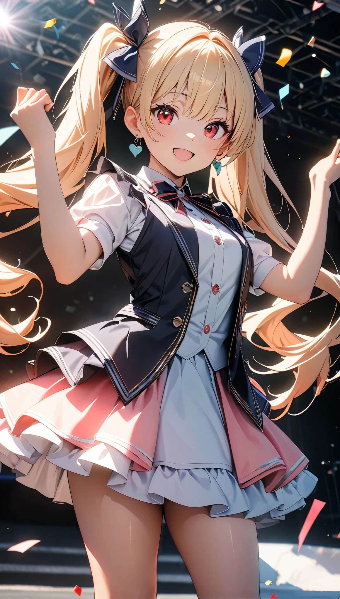 (8k, RAW Photos, 最high quality, masterpiece:1.2), High-quality RAW color photos, Professional photo shoot, Cinematic Light, alone, (((1 girl))), Blonde, Long Hair, Twin tails, Red eyes, jewelry, Earrings, Idol Costumes, Cute frills, pastel colour, Beautiful thighs, flare skirt, (smile:1.5), ((Open your mouth:1.2)), ((Random Action Pose:1.2, heartが弾ける)), (tits), Large amount of confetti, ((dance, Dutch Angle, heart:1.1)), Beautiful Skin, Shiny skin, Perfect Fingers, Five Fingers, Background blur, high quality, Surreal, Bright colors, ((Very detailed, photo shoot)),