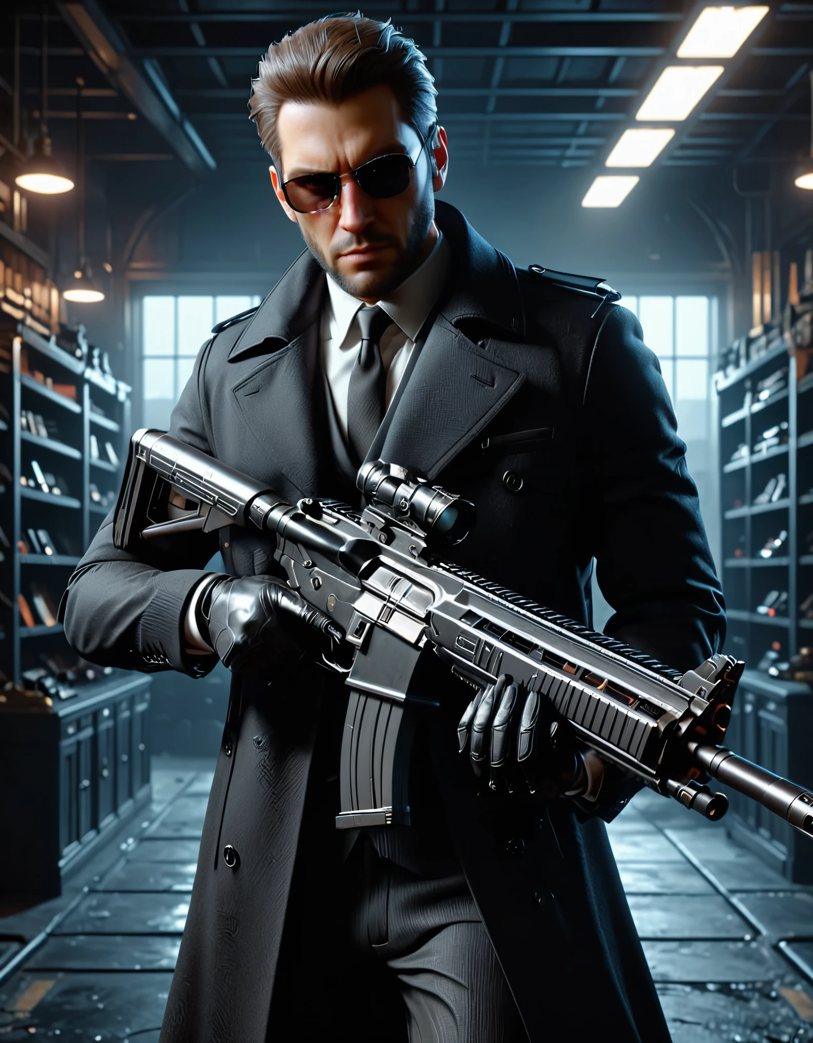 there is a man in a suit and tie holding an assault rifle, neo - noir style, 3 d render character art 8 k, (albert wesker:0.4) full body portrait, neo noir style, concept art like ernest khalimov, cinematic full character, male character, highly detailed character, full body shot hyperdetailed, (arnold maya render:0.4), he is wearing a black trenchcoat, solo, single, (eyeglasses), long black trenchcoat, black suit and tie, (black shirt), dress shoes, formal, stoic. (weapons room backdrop, shelves behind him, weapons on each shelf).