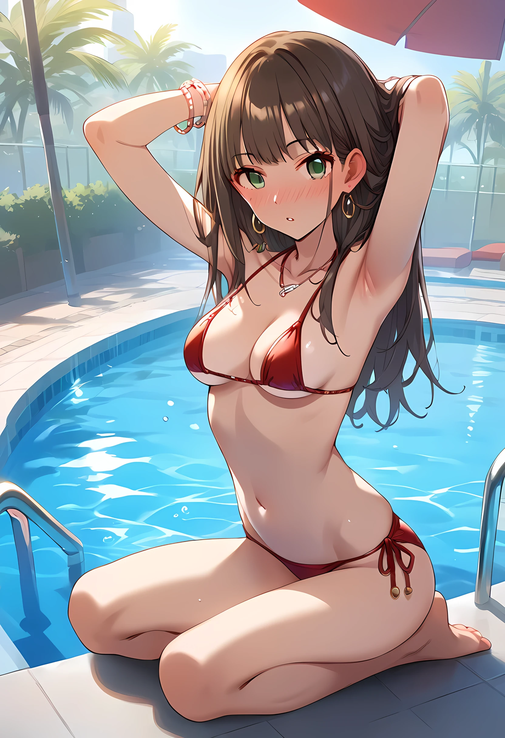 score_9, score_8_up, score_7_up, source_anime,
1girl, beautiful female, solo, dating, (full-face blush), fov, imminent kiss, parted lips, seems pleasure, 
poolside, night pool, night time,
sbyrn, long hair, brown hair,  bangs, green eyes, medium breasts, slim body, slender, skinny, 
detailed eyes, eyelashes, eyeliner, lipstic, necklace, earrings, bracelet,
((full body)), arms behind head, micro bikini, red swimsuit, 