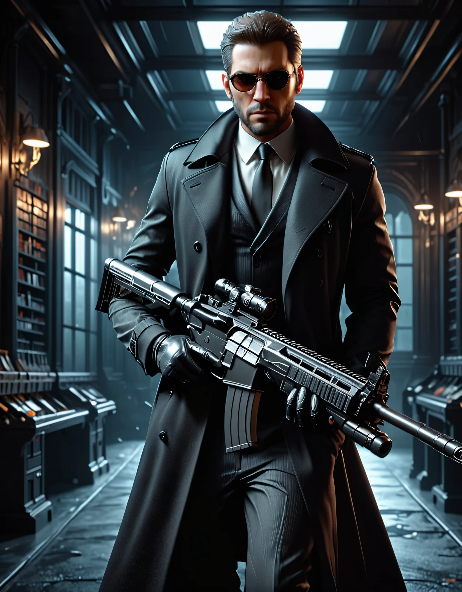 there is a man in a suit and tie holding an assault rifle, neo - noir style, 3 d render character art 8 k, (albert wesker:0.4) full body portrait, neo noir style, concept art like ernest khalimov, cinematic full character, male character, highly detailed character, full body shot hyperdetailed, (arnold maya render:0.4), he is wearing a black trenchcoat, solo, single, (eyeglasses), long black trenchcoat, black suit and tie, (black shirt), dress shoes, formal, stoic. (weapons room backdrop, shelves behind him, weapons on each shelf).