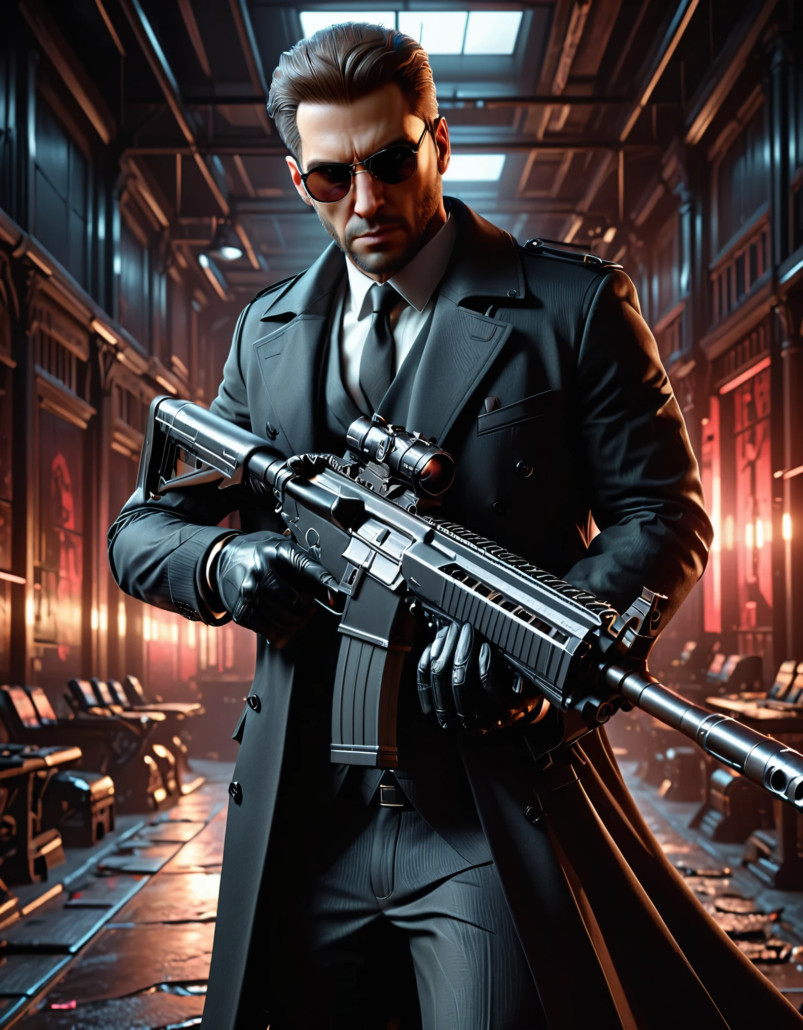 there is a man in a suit and tie holding an assault rifle, neo - noir style, 3 d render character art 8 k, (albert wesker:0.4) full body portrait, neo noir style, concept art like ernest khalimov, cinematic full character, male character, highly detailed character, full body shot hyperdetailed, (arnold maya render:0.4), he is wearing a black trenchcoat, solo, single, (eyeglasses), long black trenchcoat, black suit and tie, (black shirt), dress shoes, formal, stoic. (weapons room backdrop, shelves behind him, weapons on each shelf).