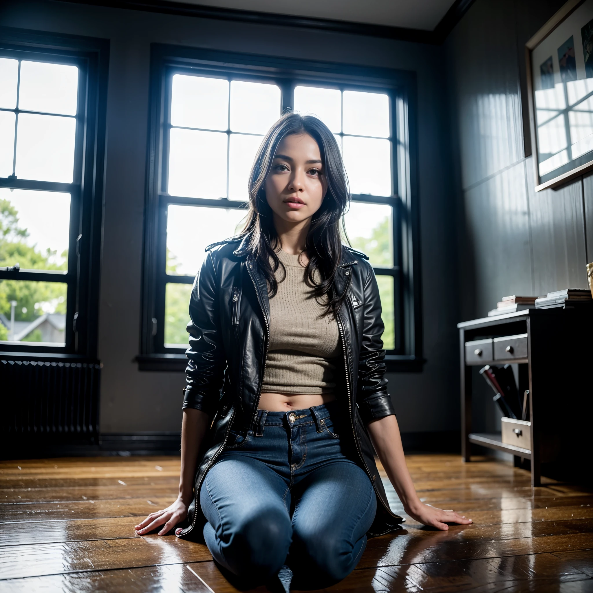 [((suspense scene ((CONCEPT ART)), extremely detailed with a woman wearing blue jeans, and brown coat and boots)), (better lighting, better shadow, an extremely delicate and scary), (digital illustration), ((4k painting)), [(dynamic angle,((1girl)),white hair, (beautiful face, perfect face, scared,) expression of fear, torn clothes, a gun in hand, sitting on the floor, darkness, scary house),  [:(dark, mysterious, game paint, sinister setting, jagged corridors, big house, deadly silence):]], Masterpiece, high quality, 8k quality, the best photo, (Super detailed, ultra high resolution, detailed background)), (((masterpiece:1.4, Best Quality:1.4, 8K,))), ultra high res, Physically Based Rendering, ((Best Quality)), ((Masterpiece)), (Very Detailed:1.3), 3D, Accurate simulation of light-material interactions, perfect proportions, octane rendering, duotone lighting, low ISO, white balance, rule of thirds, wide aperture, 8K RAW, efficient sub-pixels, subpixel convolution, luminescent particles, light scattering, Tyndall effect, HDR (High Dynamic Range), ray tracing, NVIDIA RTX, super resolution, unreal 5, subsurface scattering, PBR texture, post-processing, anisotropic filtering, depth of field, maximum sharpness and sharpness, multi-layer texture, albedo and highlight maps, surface shading, (Masterpiece:1.4), (high quality:1.2), (best quality:1.2), volumetrics dtx, (film grain, blurry background, depth of field, motion blur