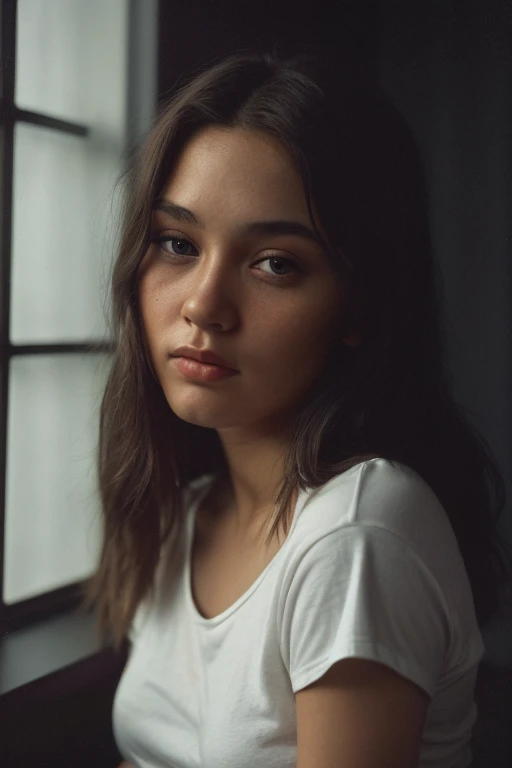 (full body shot), editorial photograph of a 21 year old woman), (highly detailed face:1.4) (smile:0.7) (background inside dark, moody, private study:1.3) POV, by lee jeffries, nikon d850, film stock photograph ,4 kodak portra 400 ,camera f1.6 lens ,rich colors ,hyper realistic ,lifelike texture, dramatic lighting , cinestill 800, wearing a white tshirt and grey panties