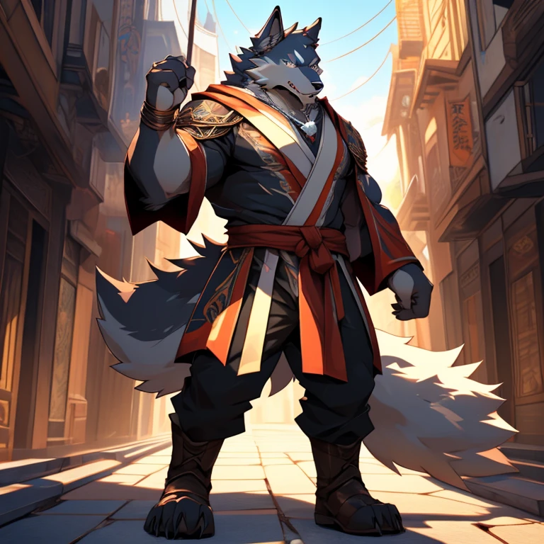 ((highest quality,8K，Uncertain resolution，16k, masterpiece: 1.3))Furry Muscular Werewolf male wearing only pants, Furry Art, Muscular Werewolf, high resolution committee, Whole Body Committee, Delicate eyes, Eye color is orange gold, Furry color black, Furry Anime, Fursona Furry Art committee, furry fursona, Gorgeous werewolf Frosona, Hairy Chest, armor, Brown boots on his feet,, Furry Art, Facial expressions are fierce, Tsundere, 1 boy, Long furry wolf tail with fangs in its mouth, Staring at the screen, Sharp Claws, Two legs, Stand on both feet, human wolf，Robe，bustling street，8k Ultra HD, HDR，Unique Design，One and only，A magnificent composition，One Scene，Anime Style，Studio Lighting，Ultra Wide Angle，Original elements，Full body description，Dynamic Angles，Symbolism，Dynamic Lighting，Professional Color Grading，Creative，Extreme detail，Glow effect